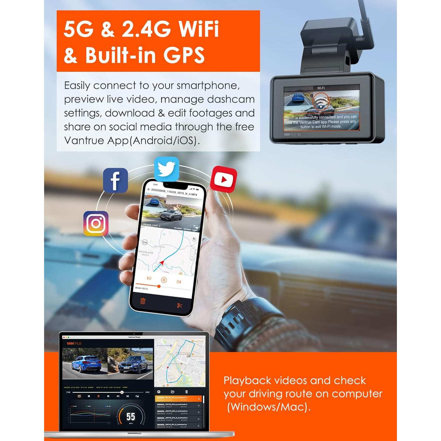 Cámara Dash Vantrue E2 DUAL 2.7K Delantera y Trasera GPS