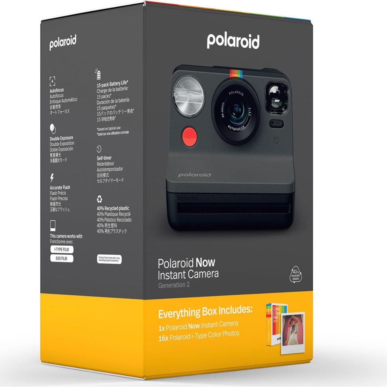 Cámara Instantánea Polaroid Now 2 Generación I-Type Negra + 16 Fotos