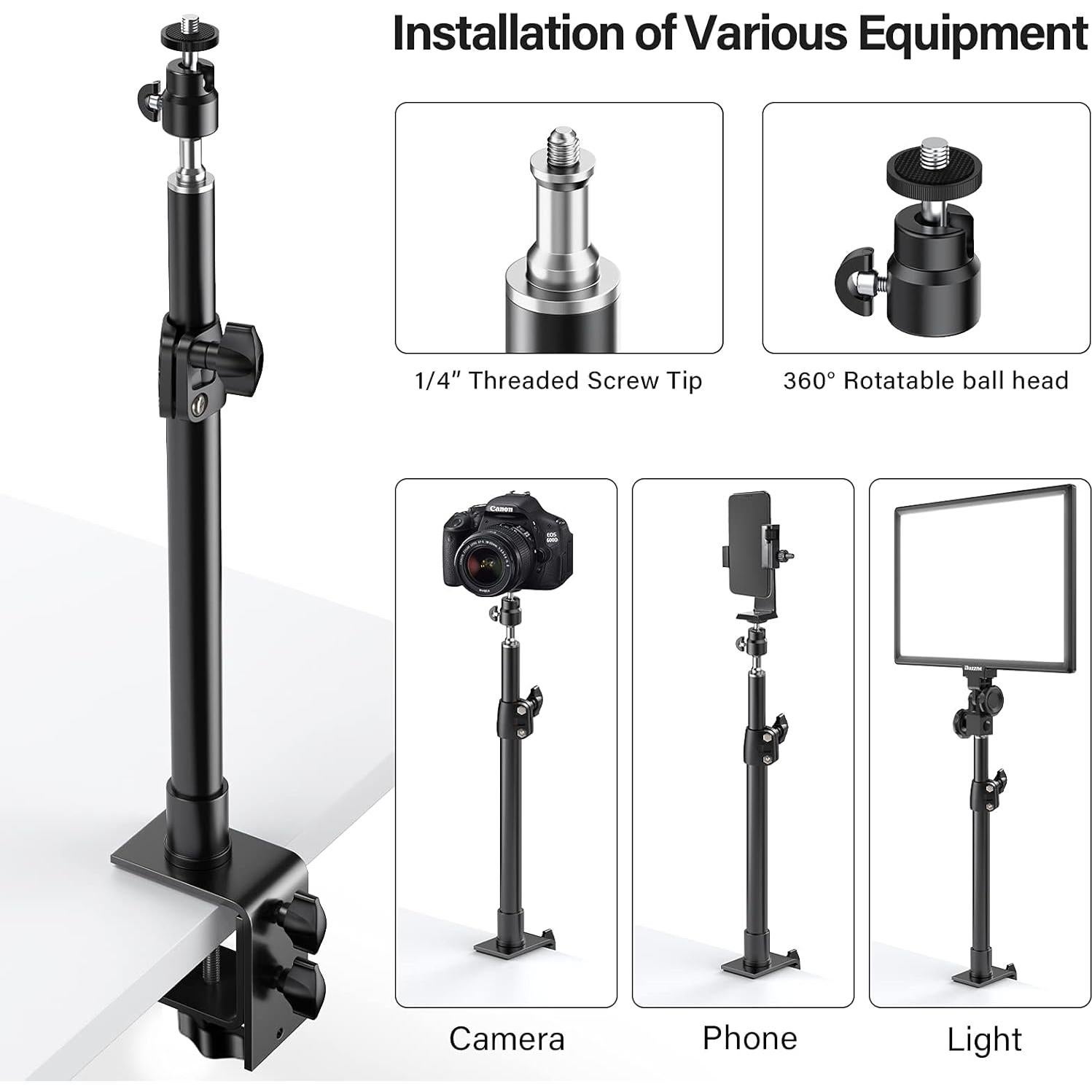 2-Pack Camera Desk Mount Stand with 1/4" Ball Head and Cold Shoe Mount Adapter,12.9-22" Tabletop Mounts Stand, Adjustable Aluminum Desktop Light Stand, for DSLR Camera, Ring Light, Video Light