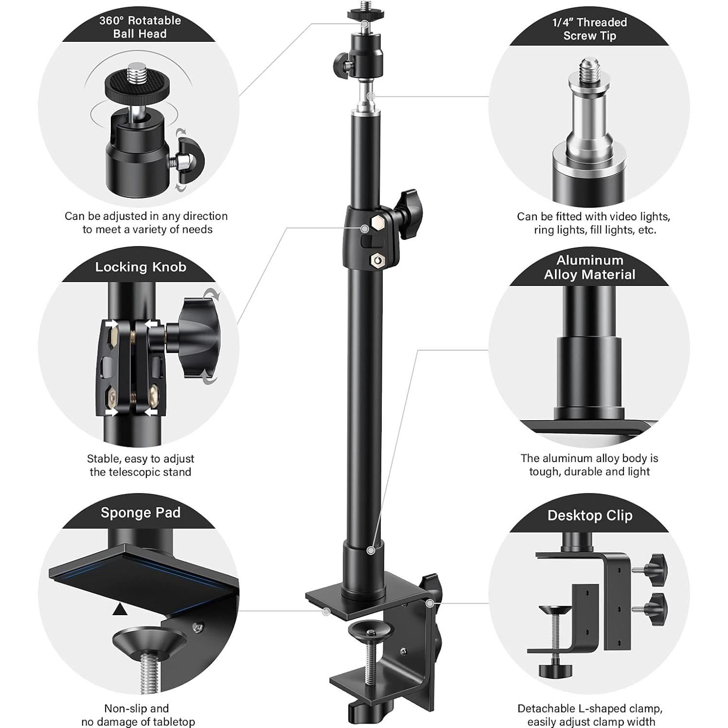 2-Pack Camera Desk Mount Stand with 1/4" Ball Head and Cold Shoe Mount Adapter,12.9-22" Tabletop Mounts Stand, Adjustable Aluminum Desktop Light Stand, for DSLR Camera, Ring Light, Video Light