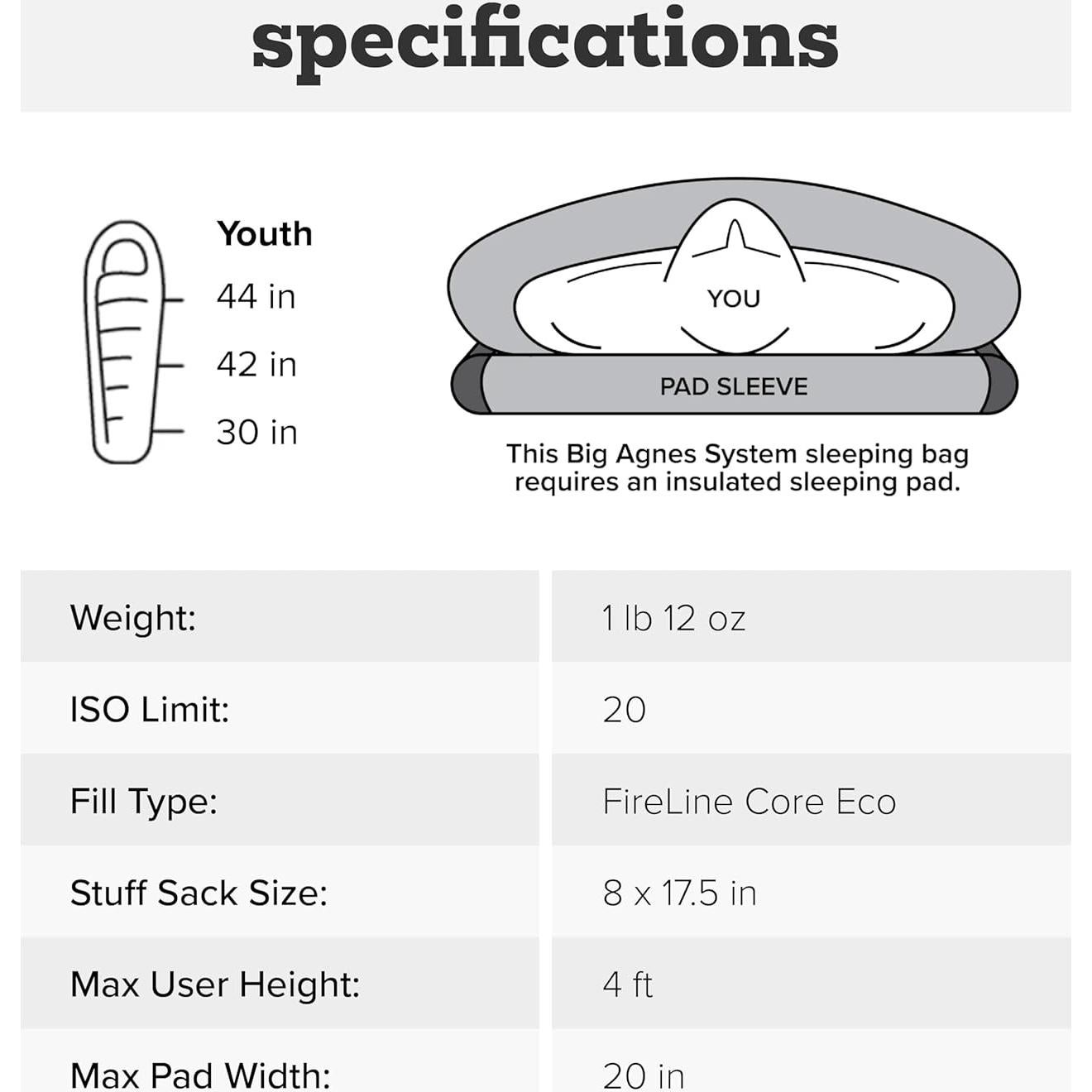 Saco de Dormir Juvenil Big Agnes 20 Grados para Niños