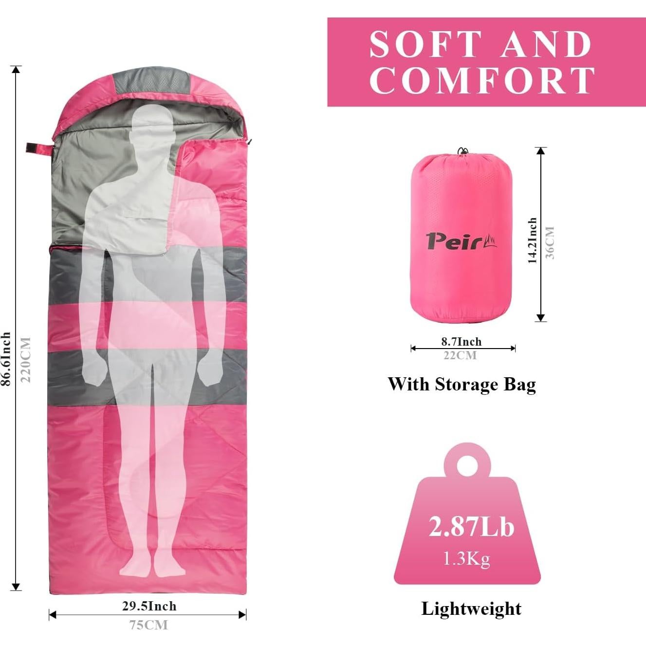 Saco de Dormir Peirhw 3 Temporadas Impermeable 1.3 kg Rosa