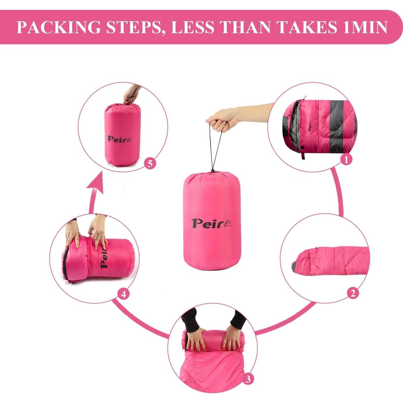 Saco de Dormir Peirhw 3 Temporadas Impermeable 1.3 kg Rosa