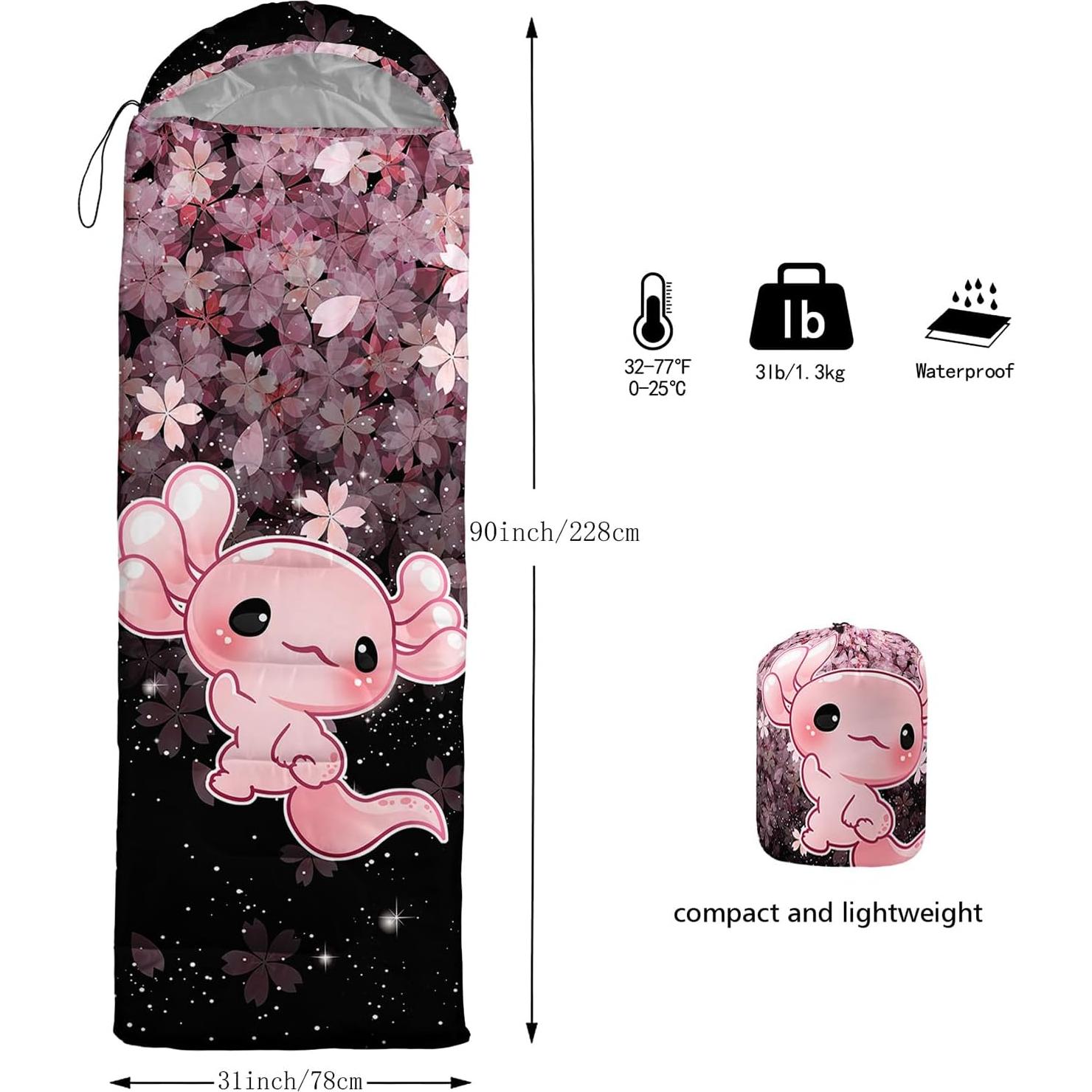 Saco de Dormir QOOMO Axolotl Cherry Blossom 3 Temporadas 229x79cm
