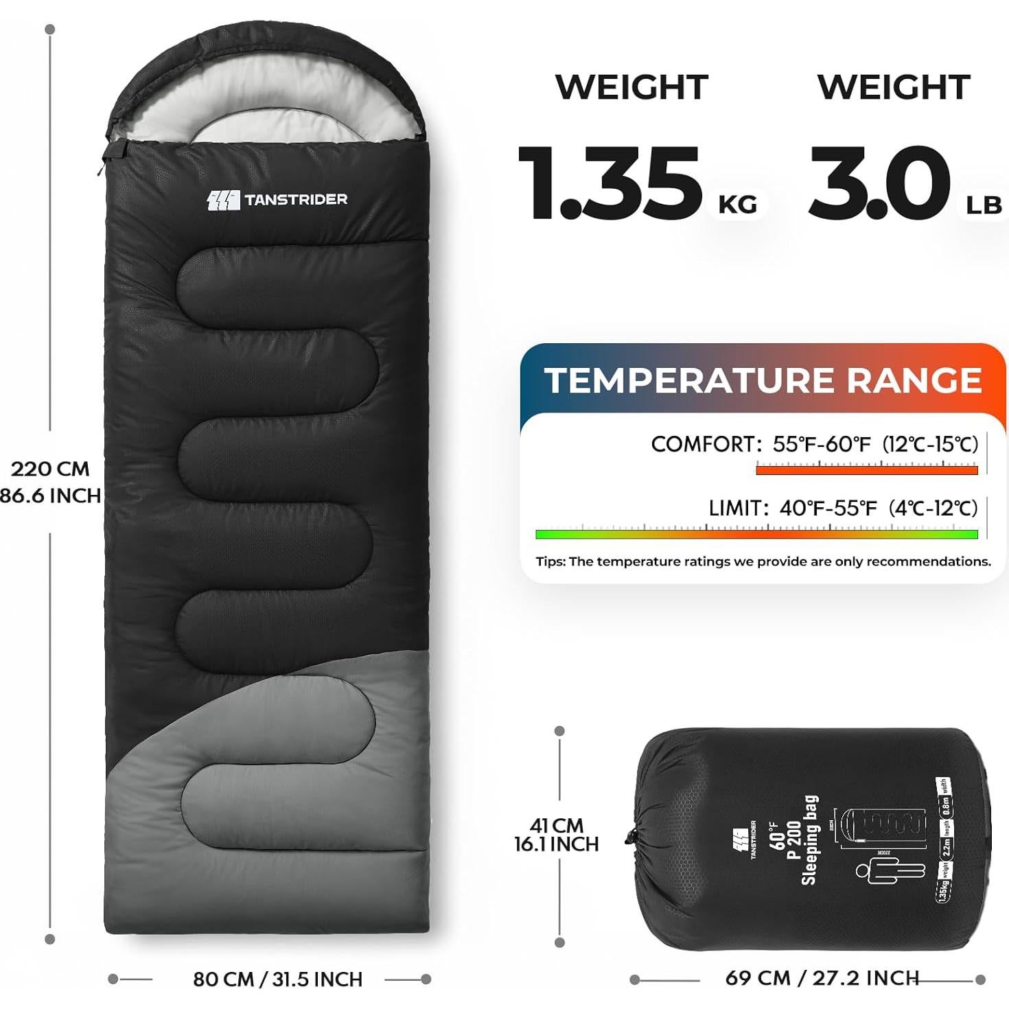 Saco de dormir TANSTRIDER 220x80 cm para camping y senderismo