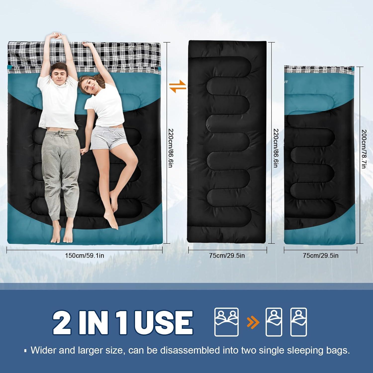 Saco de dormir doble WKFAMOUT 220x150 cm impermeable 2 personas