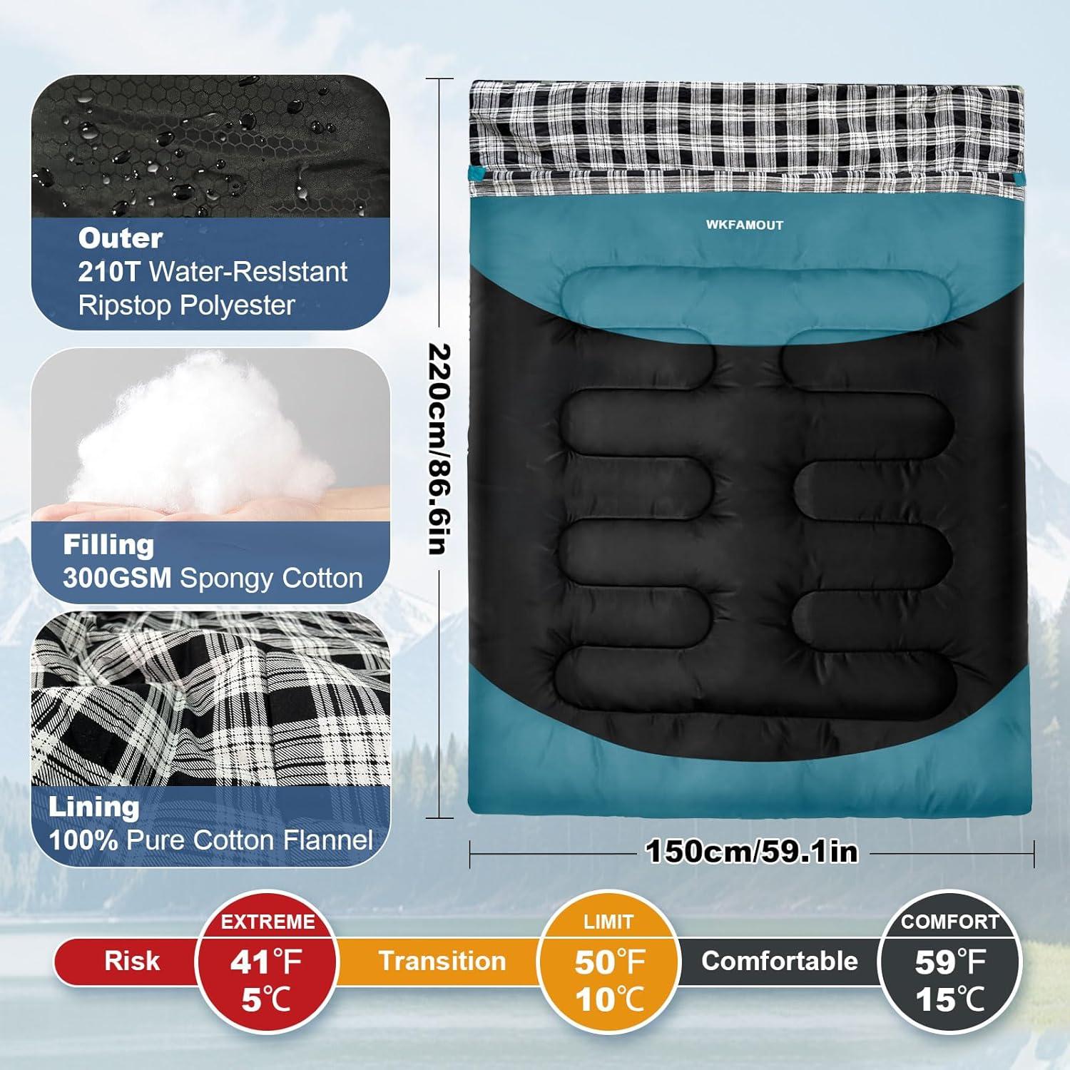 Saco de dormir doble WKFAMOUT 220x150 cm impermeable 2 personas