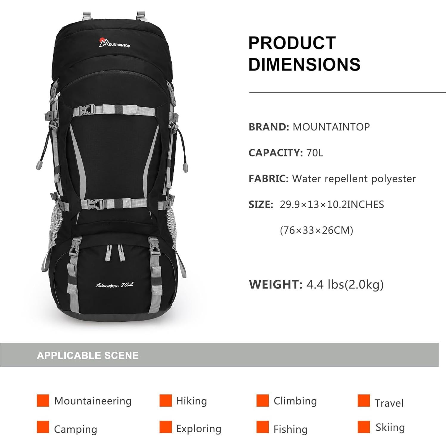 Mochila de Senderismo MOUNTAINTOP 70L con Marco Interno y Funda