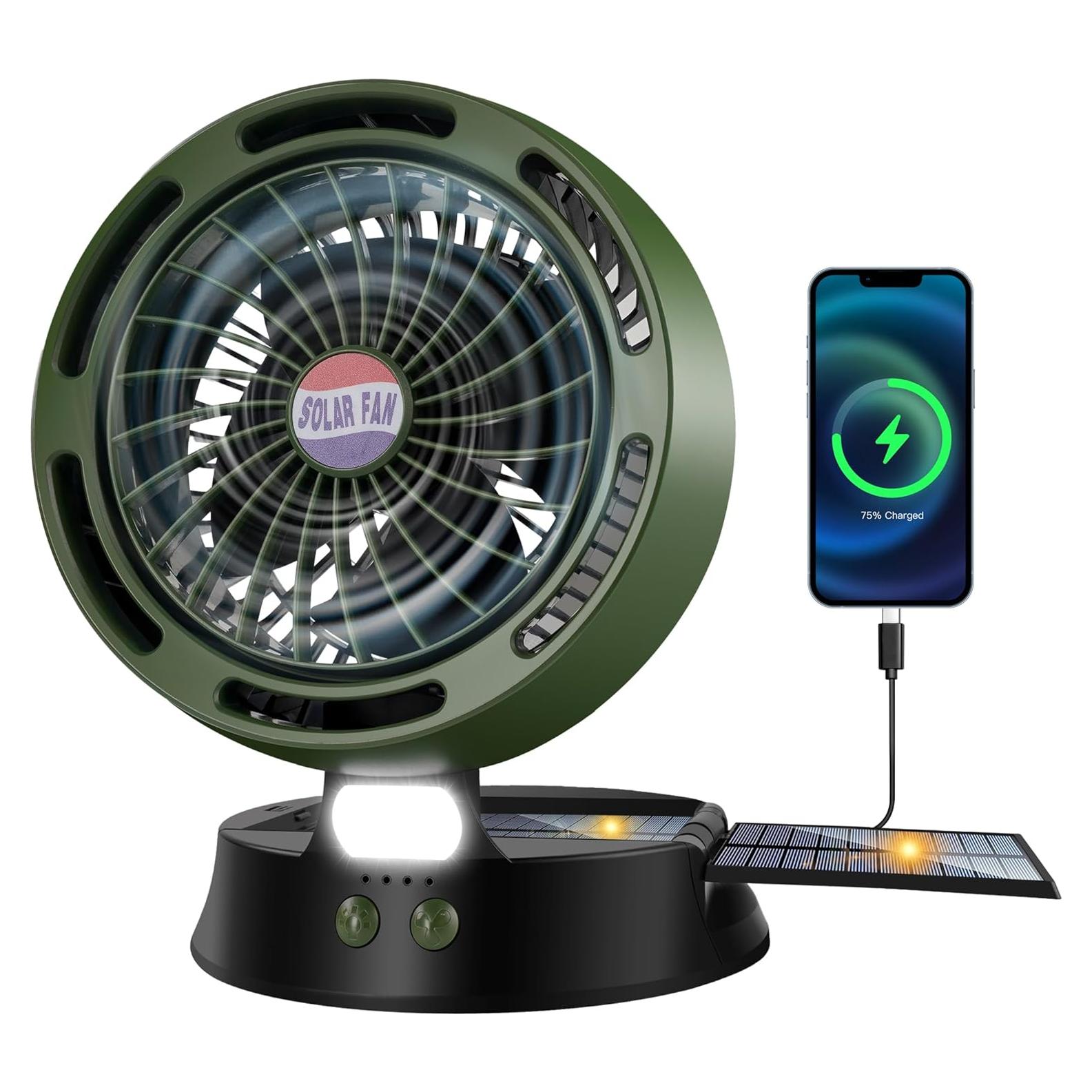 Ventilador Solar DUKUSEEK 10400mAh con Linterna LED Verde