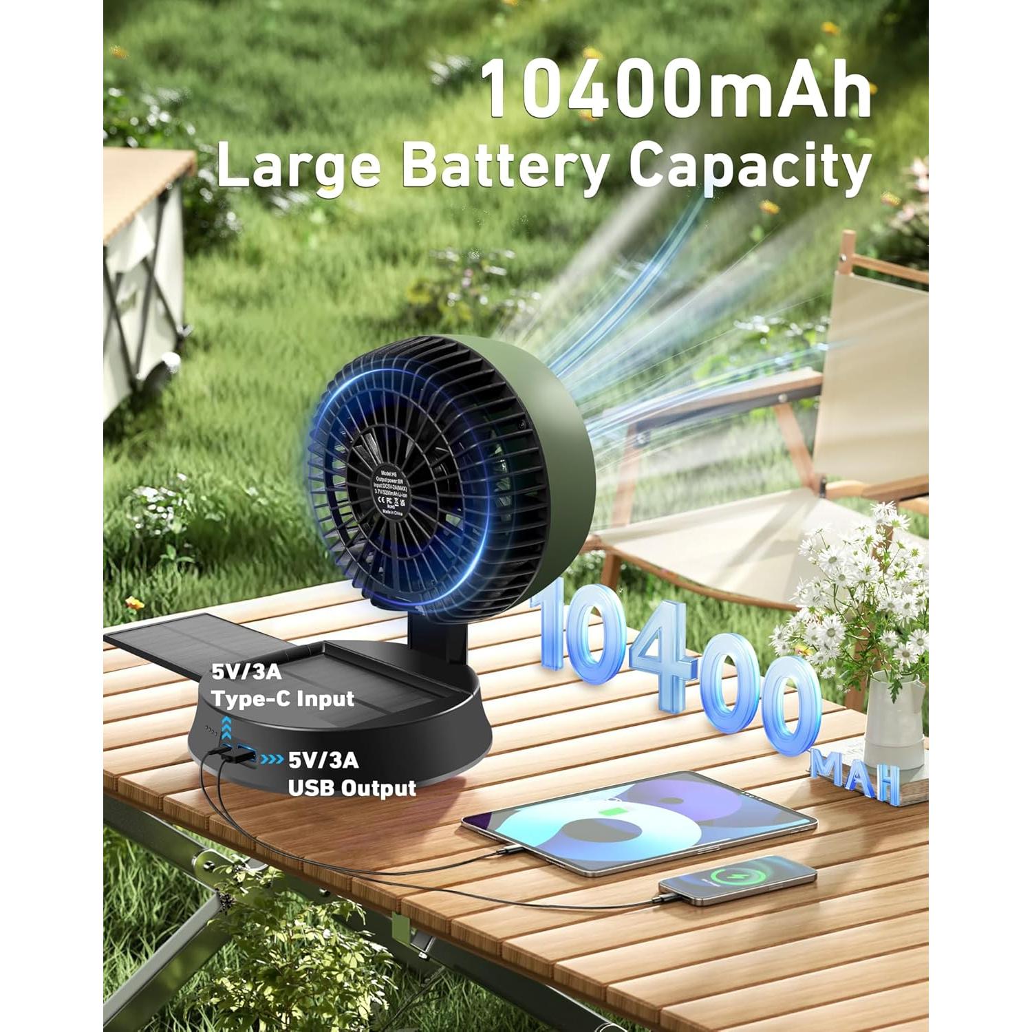 Ventilador Solar DUKUSEEK 10400mAh con Linterna LED Verde