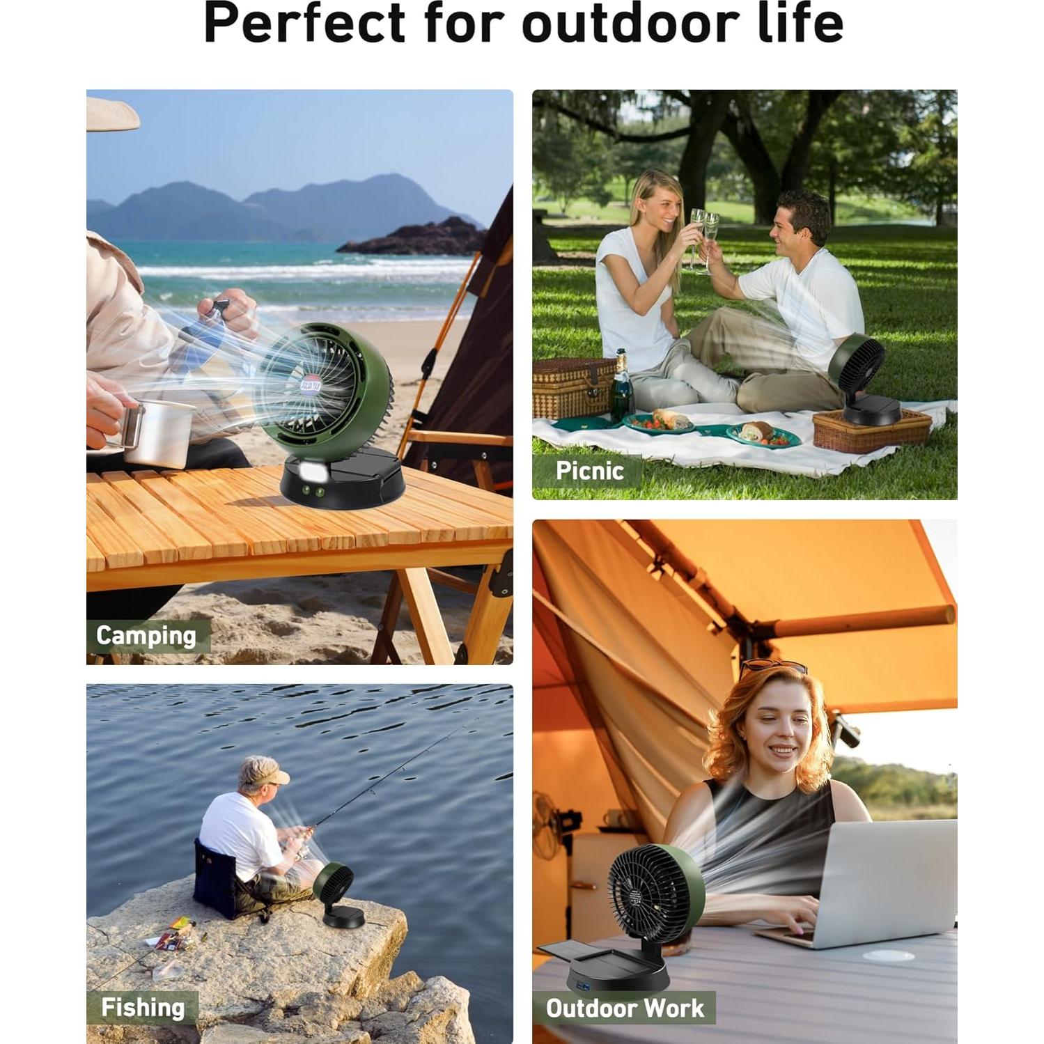 Ventilador Solar DUKUSEEK 10400mAh con Linterna LED Verde