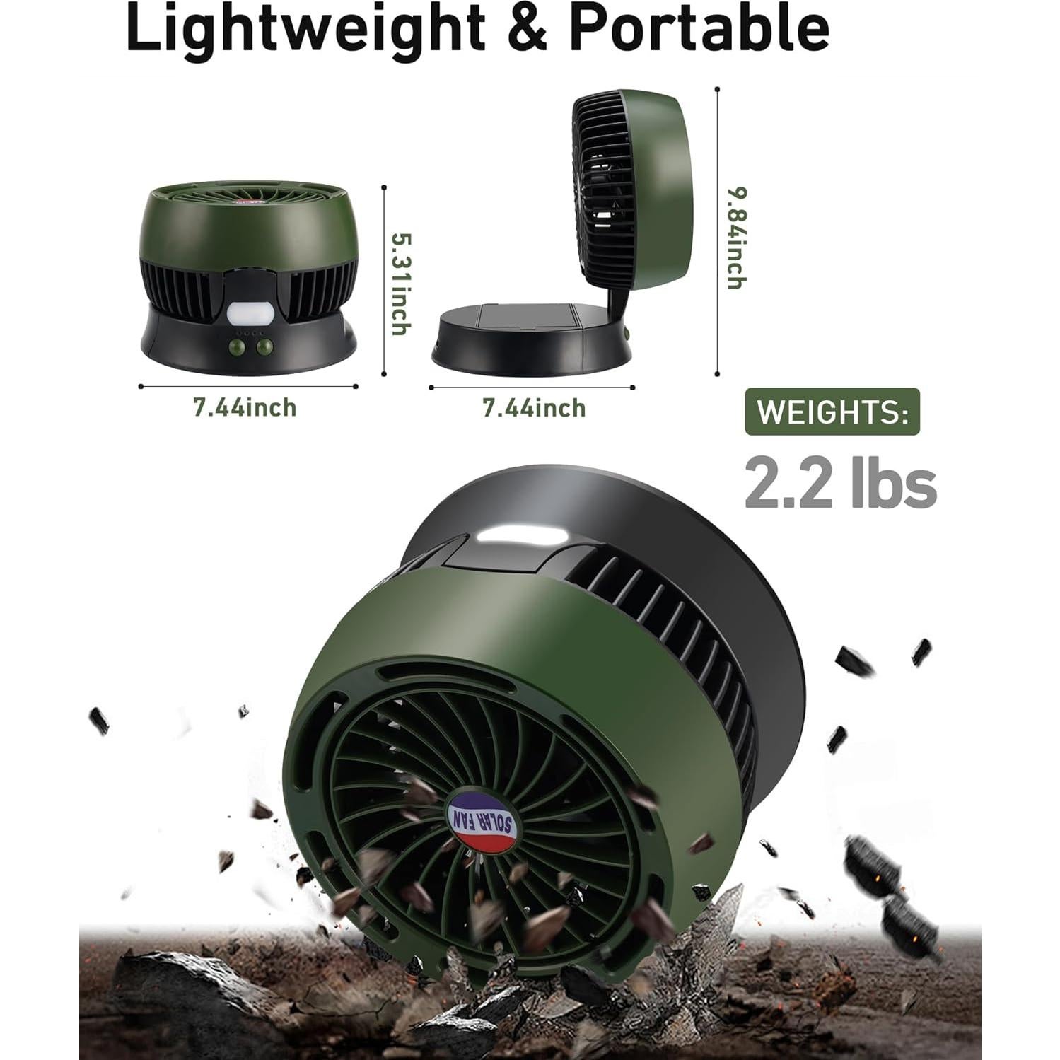 Ventilador Solar DUKUSEEK 10400mAh con Linterna LED Verde