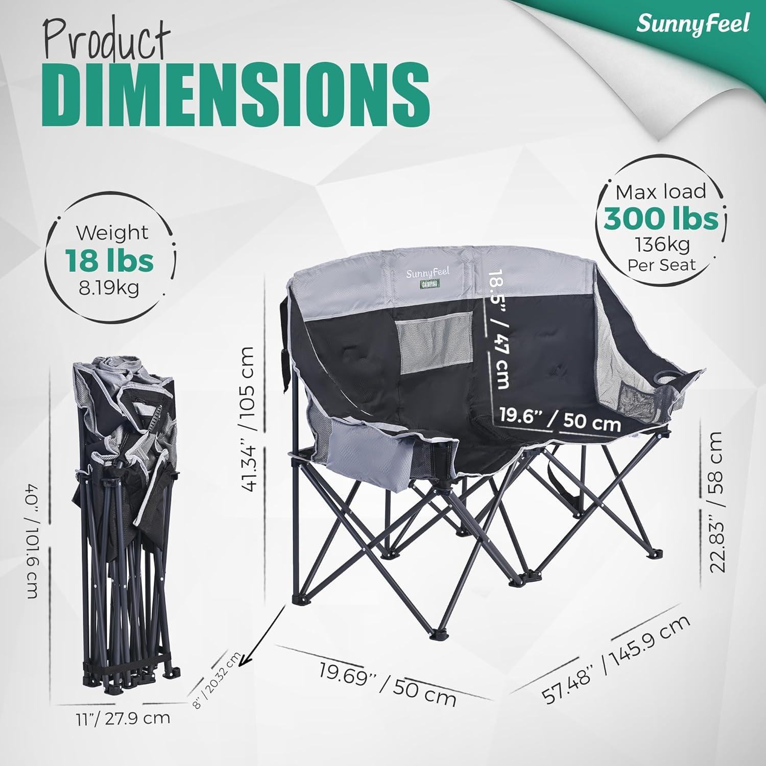Silla de Camping Doble Plegable SunnyFeel Negra para 2 Personas