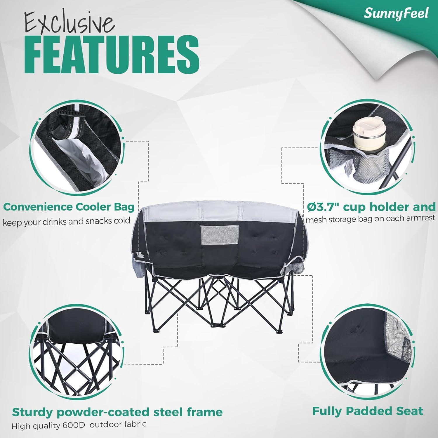 Silla de Camping Doble Plegable SunnyFeel Negra para 2 Personas