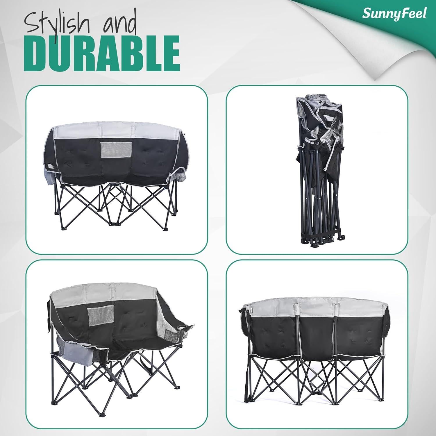 Silla de Camping Doble Plegable SunnyFeel Negra para 2 Personas