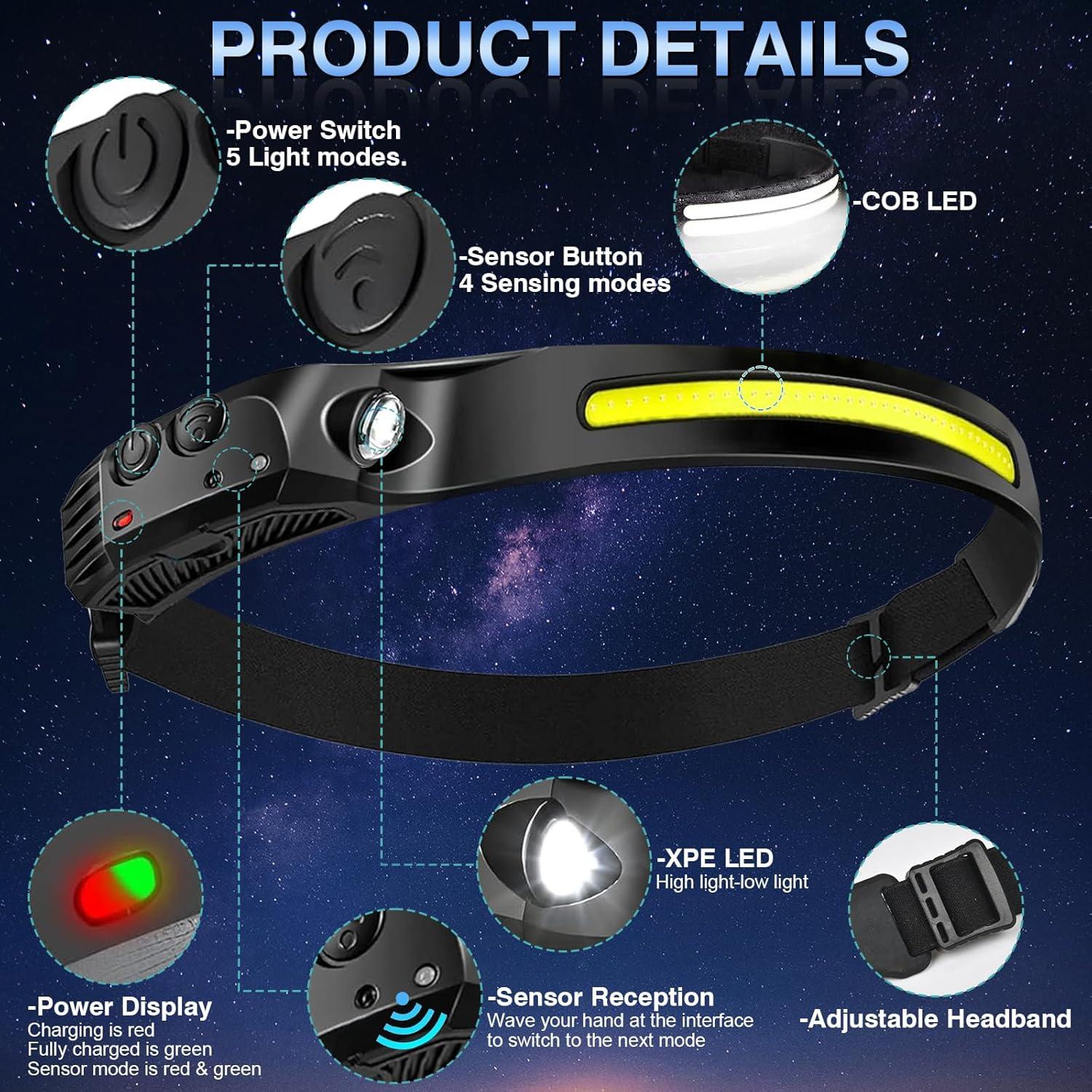 Linterna Frontal LED Recargable Aosyax 2000mAh 3 Paquetes