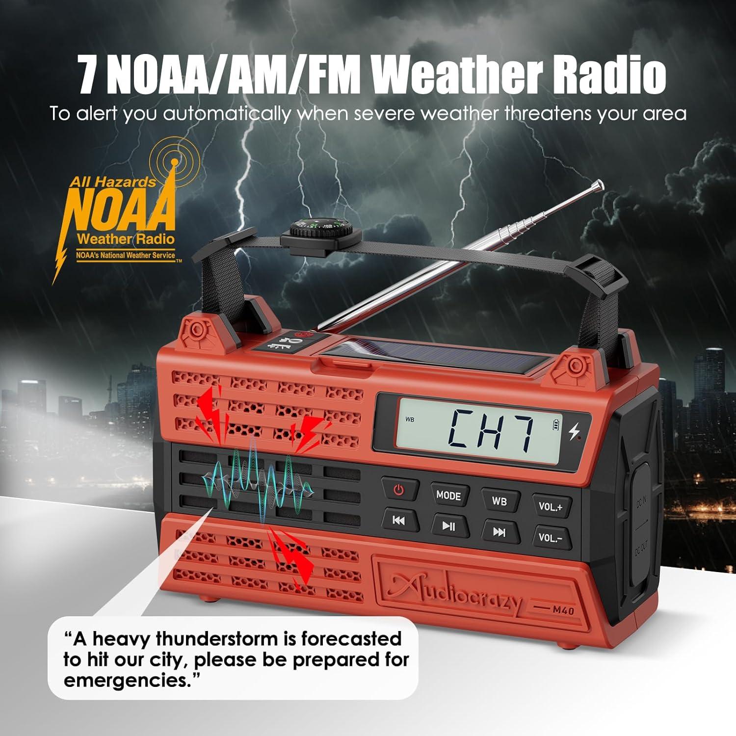 Radio de Emergencia Audiocrazy AM/FM/NOAA 5000mAh Solar Manivela