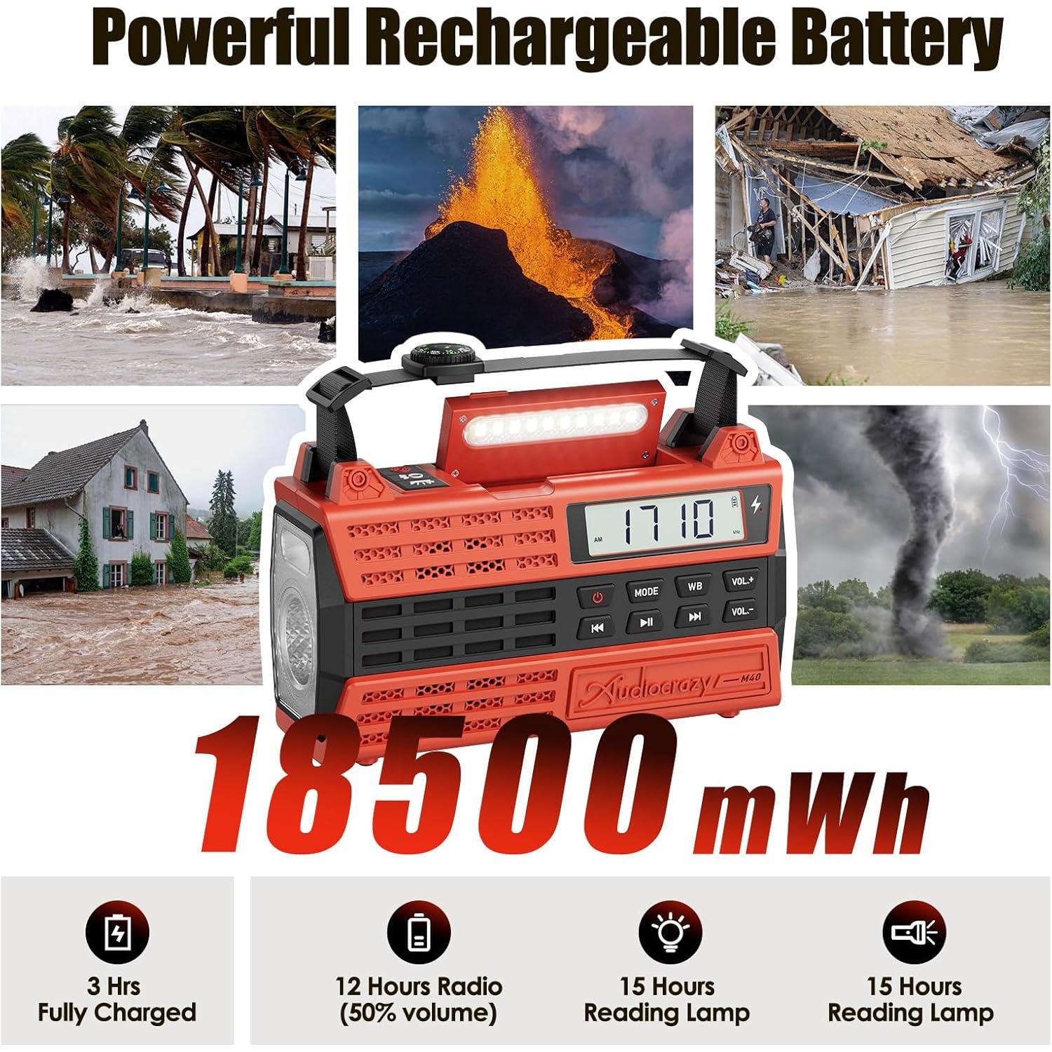 Radio de Emergencia Audiocrazy AM/FM/NOAA 5000mAh Solar Manivela