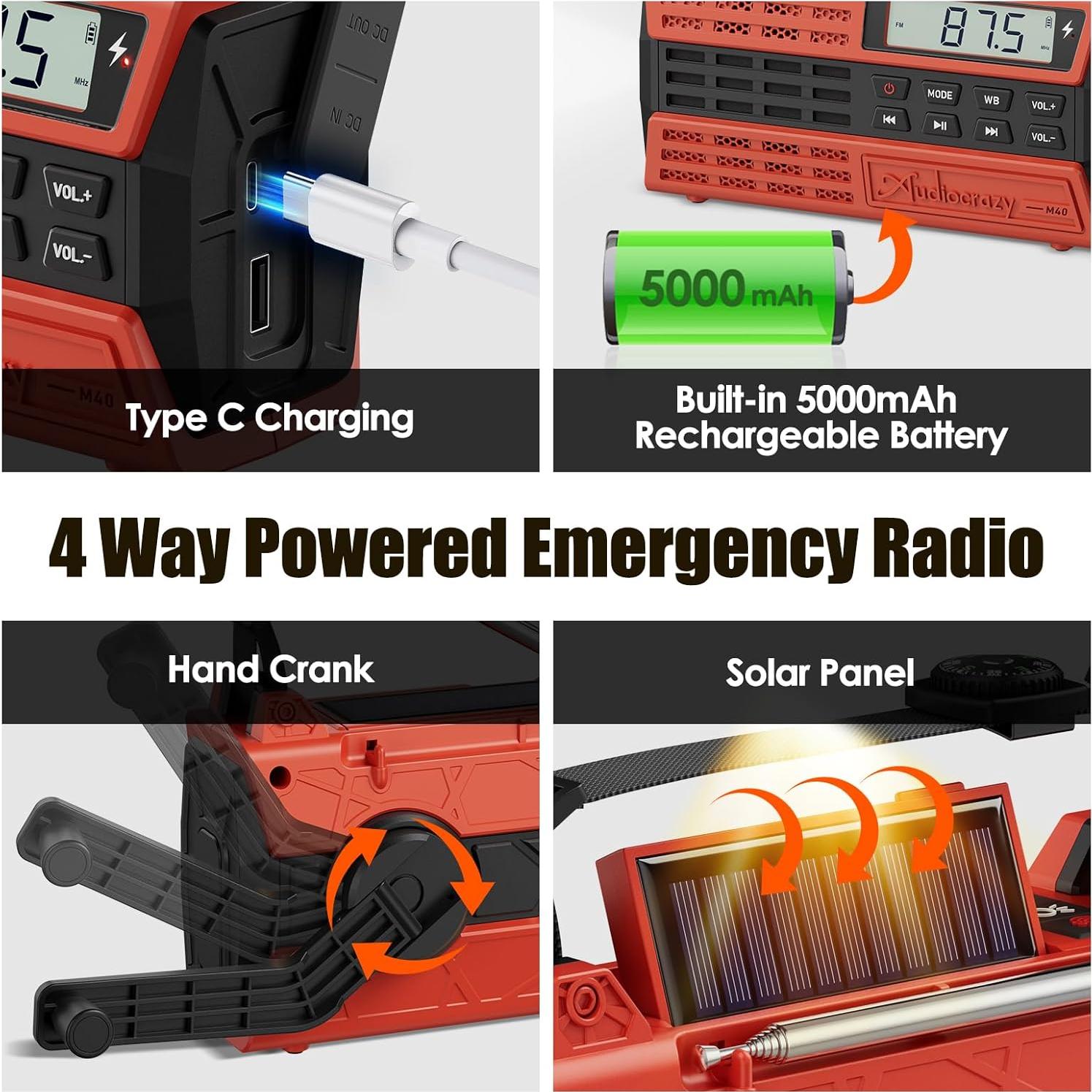 Radio de Emergencia Audiocrazy AM/FM/NOAA 5000mAh Solar Manivela