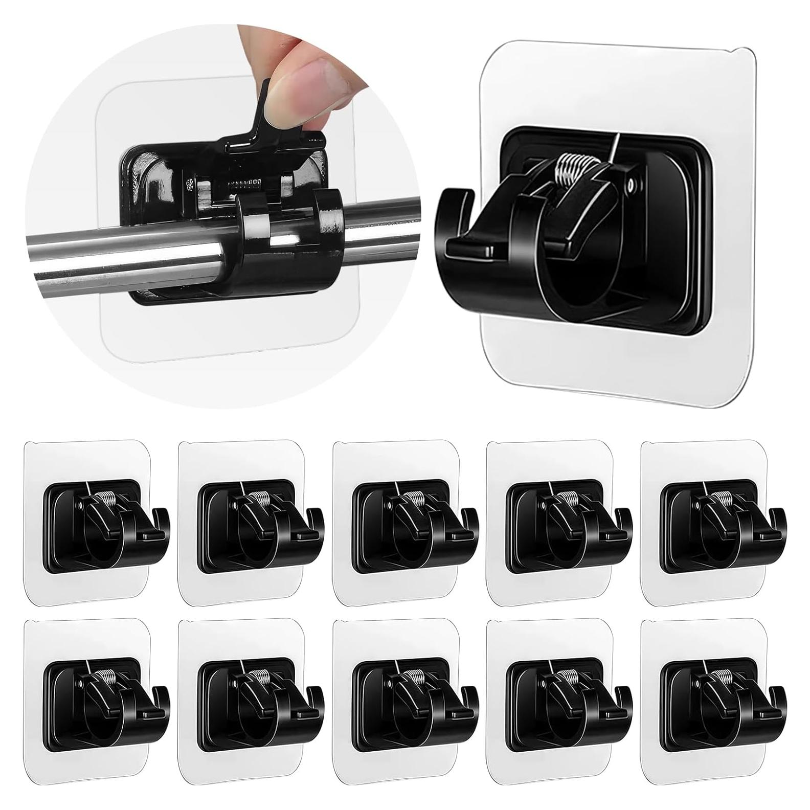 12PCS Black No Drill Curtain Rod Brackets Self Adhesive Curtain Rod Holder No Drilling Curtain Rod Hooks Nail Free Adjustable Curtain Rod Holders Curtain Hangers for Bathroom Kitchen LivingRoom