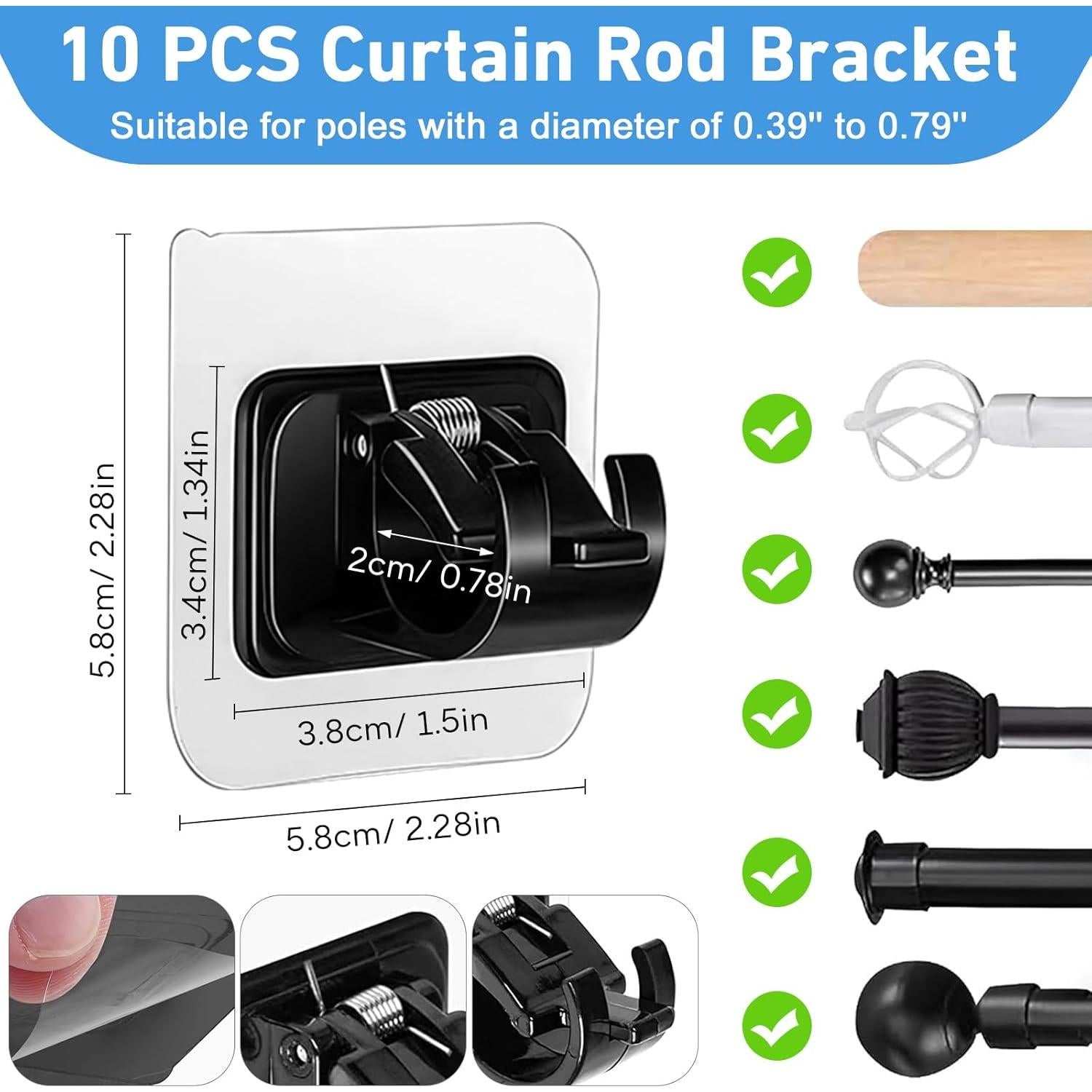 12PCS Black No Drill Curtain Rod Brackets Self Adhesive Curtain Rod Holder No Drilling Curtain Rod Hooks Nail Free Adjustable Curtain Rod Holders Curtain Hangers for Bathroom Kitchen LivingRoom