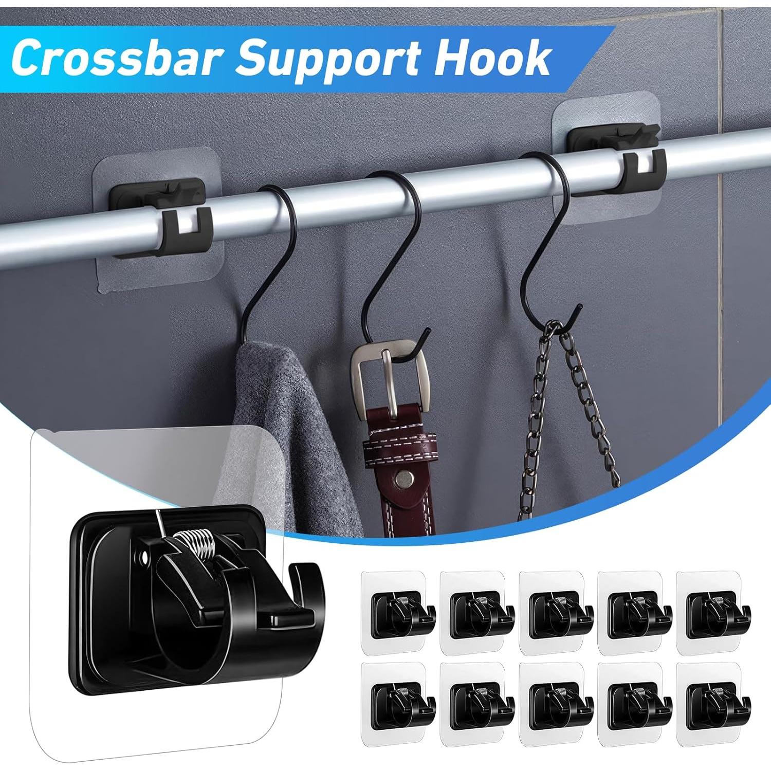 12PCS Black No Drill Curtain Rod Brackets Self Adhesive Curtain Rod Holder No Drilling Curtain Rod Hooks Nail Free Adjustable Curtain Rod Holders Curtain Hangers for Bathroom Kitchen LivingRoom