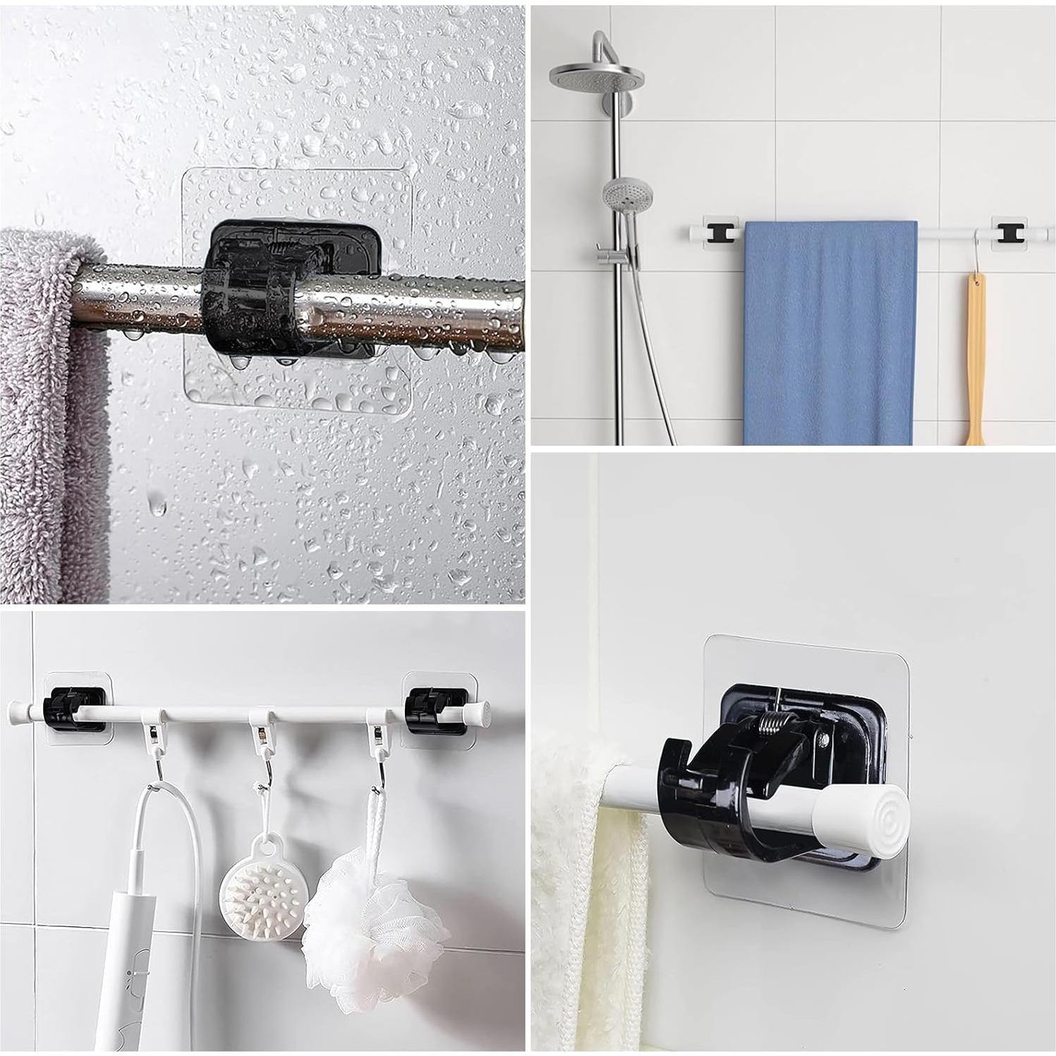 12PCS Black No Drill Curtain Rod Brackets Self Adhesive Curtain Rod Holder No Drilling Curtain Rod Hooks Nail Free Adjustable Curtain Rod Holders Curtain Hangers for Bathroom Kitchen LivingRoom