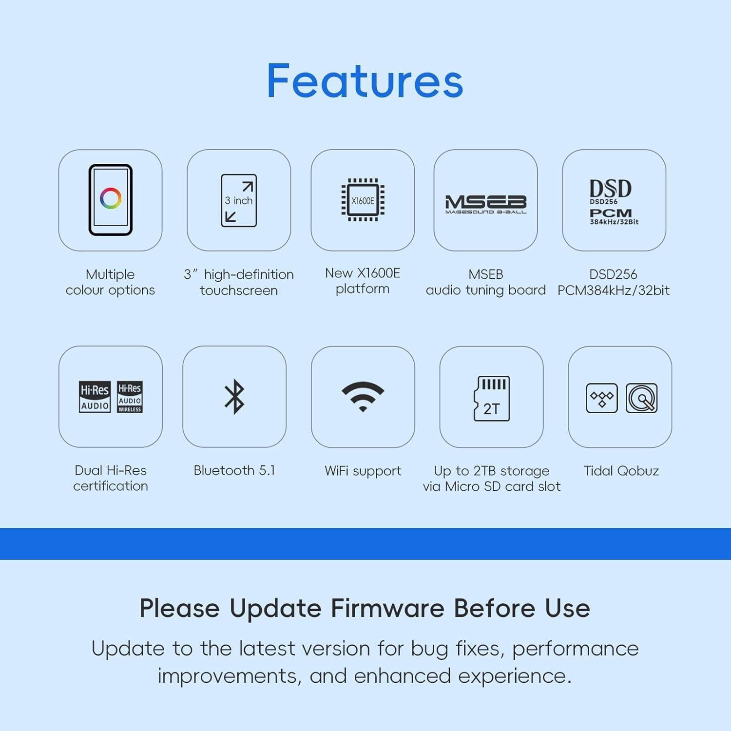 HiBy R1 HiFi MP3 Player with Bluetooth 5.1 Hi-Res Audio Certified DSD 256 Native Tidal Qobuz Player MSEB Tuning 3”Touchscreen 2TB Expanded Memory（Standard）