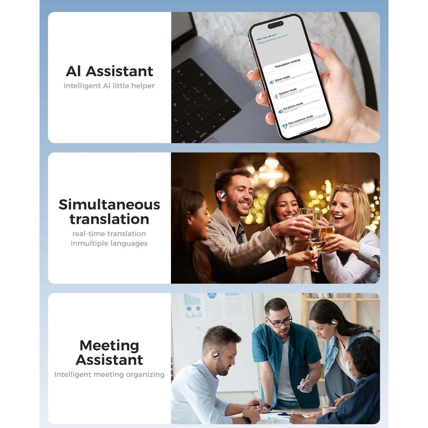 Auriculares Traductores AI Gruciso Q16, 150 Idiomas, HiFi, Negro