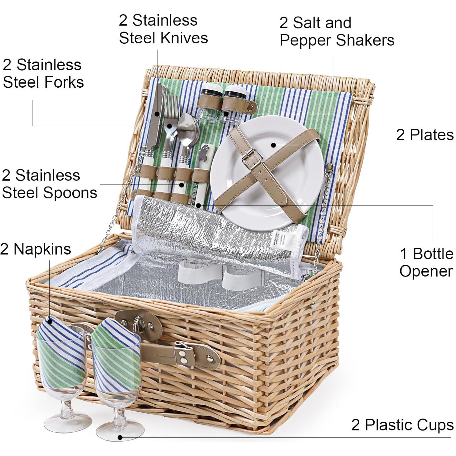 Cesta de Picnic de Mimbre ZORMY para 2 Personas con Aislamiento