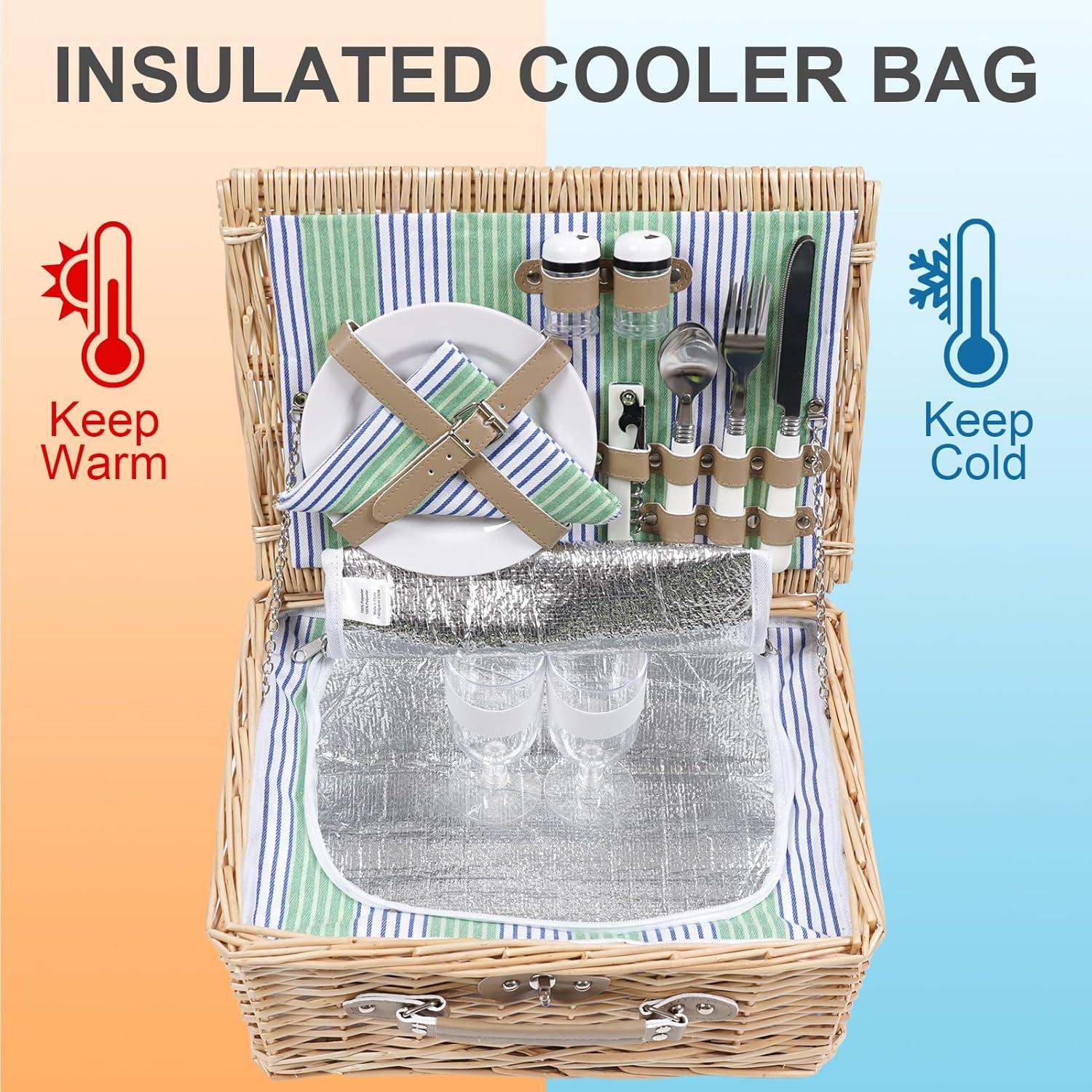 Cesta de Picnic de Mimbre ZORMY para 2 Personas con Aislamiento