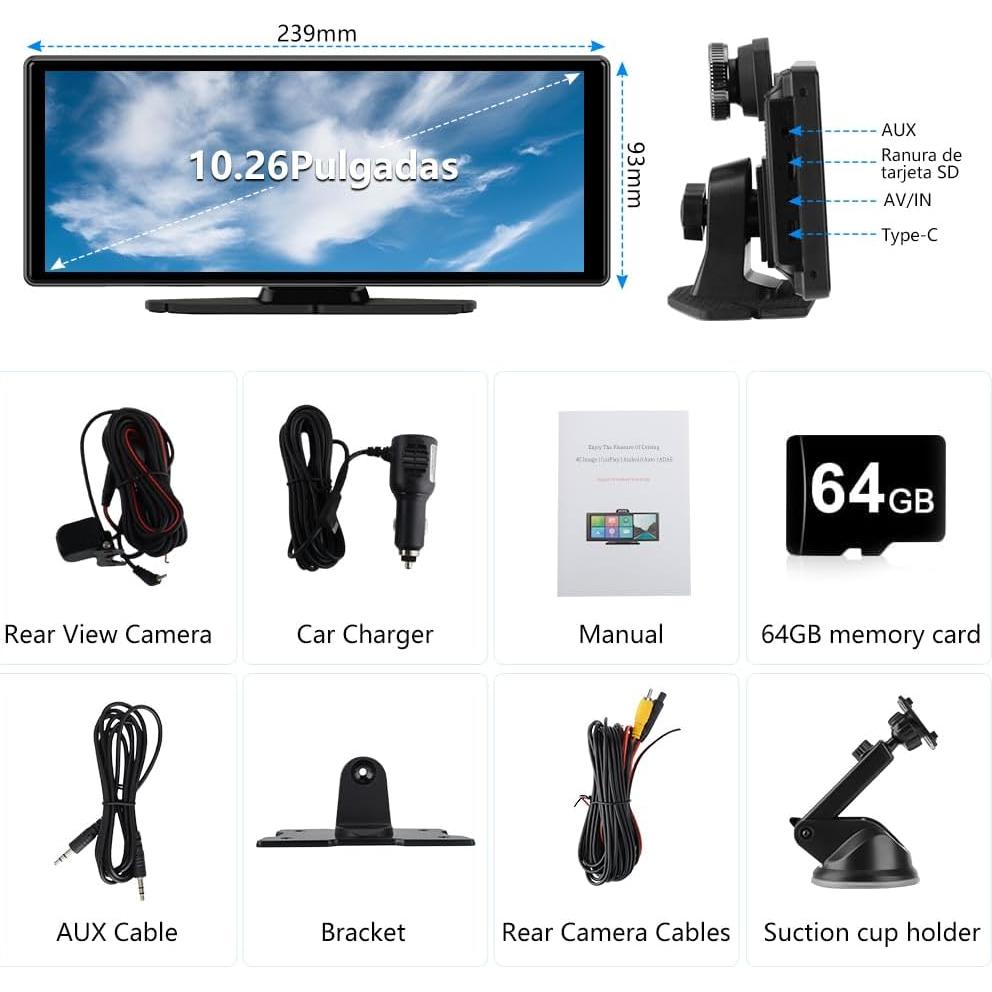 Pantalla Portátil 10.26" Pyniro CarPlay Android Auto GPS