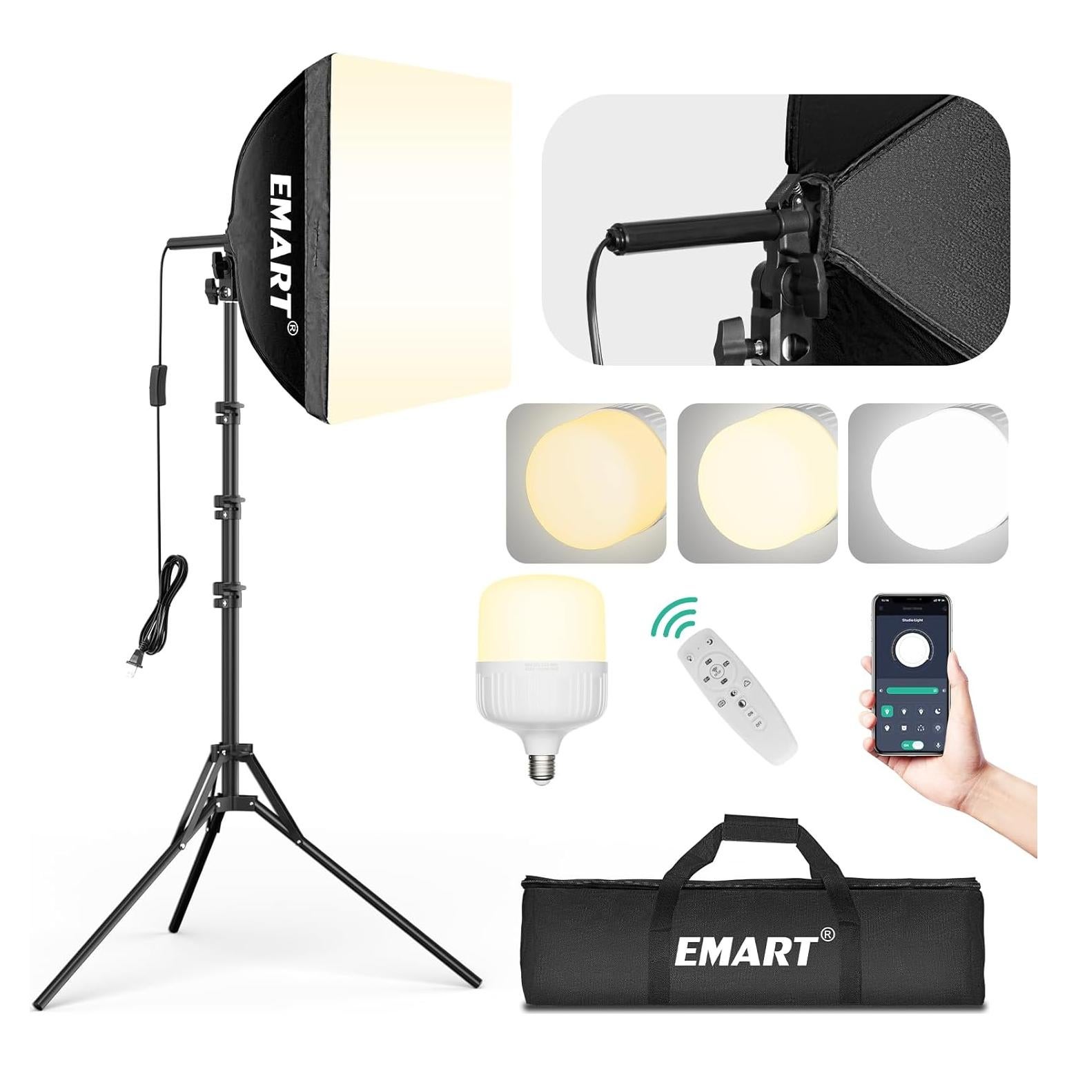 Kit de Iluminación Fotográfica EMART Softbox 40x40cm 50W LED Control Remoto