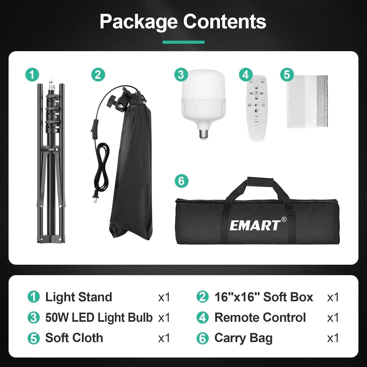 Kit de Iluminación Fotográfica EMART Softbox 40x40cm 50W LED Control Remoto