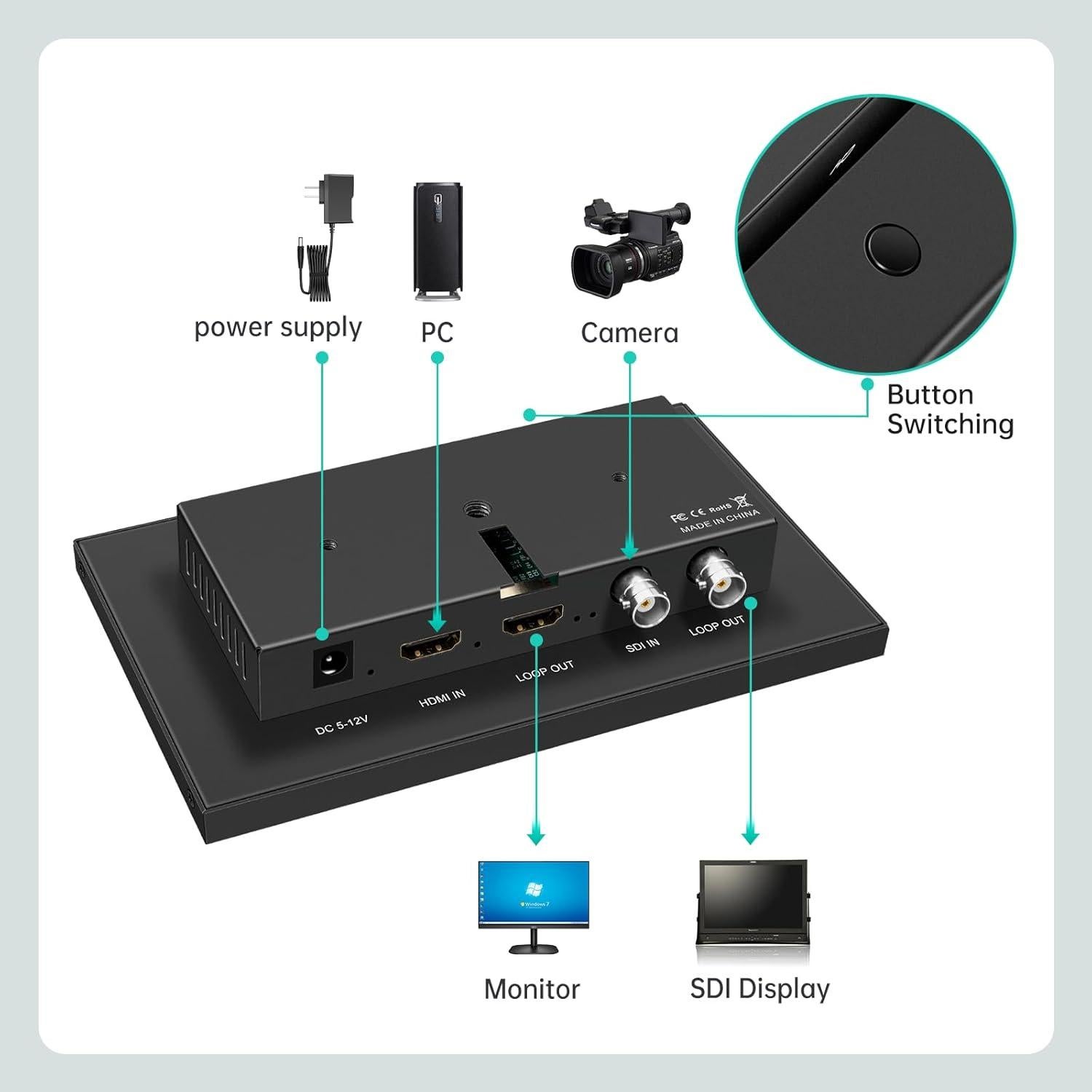 MT-VIKI HDMI & SDI Input and Loop Out with 7 inch Monitor Camera Field Monitor 1080@60Hz HDMI 1.4 3G SDI 1800 cd/㎡