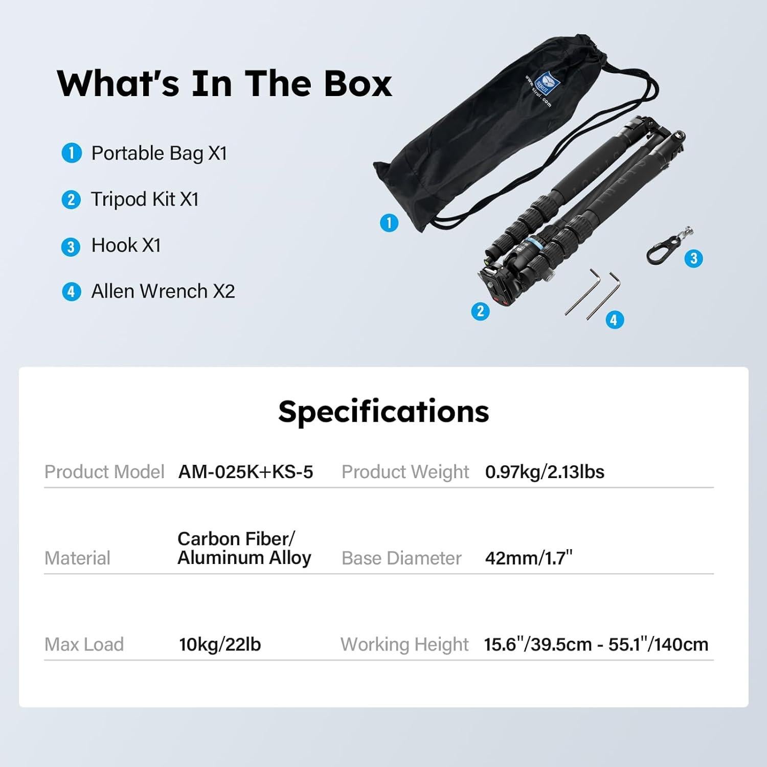 Trípode de Viaje SIRUI AM-025K+KS-5 Fibra de Carbono 140 cm