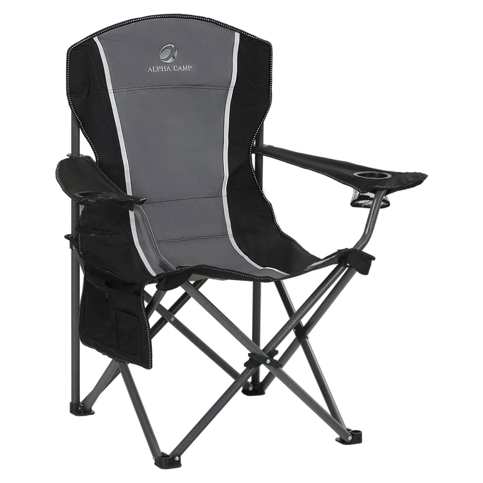 LET'S CAMP Oversized Outdoor Folding Camping Chair, Heavy Duty Arm Chair with Cup Holder and Storage Bag, 350 LBS Weight Capacity, Grey