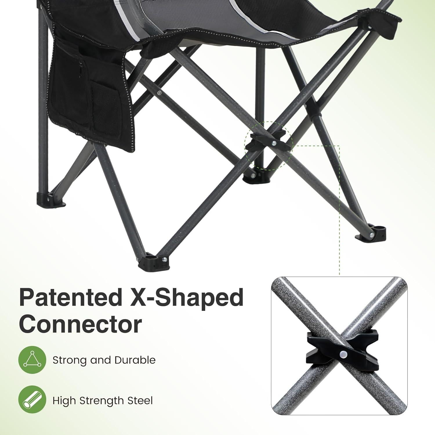 LET'S CAMP Oversized Outdoor Folding Camping Chair, Heavy Duty Arm Chair with Cup Holder and Storage Bag, 350 LBS Weight Capacity, Grey