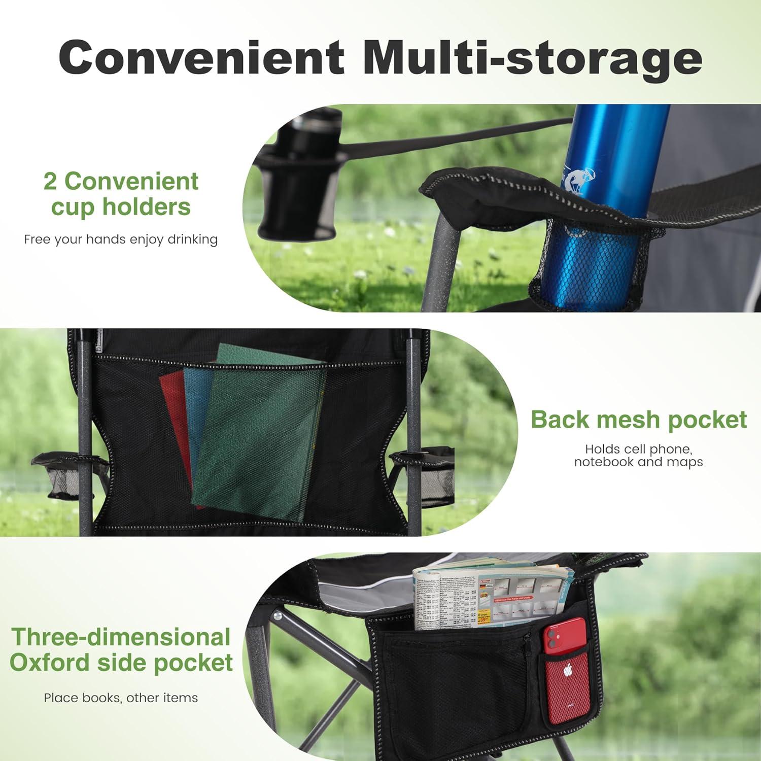 LET'S CAMP Oversized Outdoor Folding Camping Chair, Heavy Duty Arm Chair with Cup Holder and Storage Bag, 350 LBS Weight Capacity, Grey