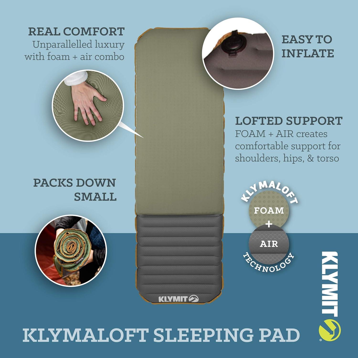 Klymit Klymaloft Lofted Inflatable Sleeping Pad for Camping With Memory Foam, Ultra-Thick Hiking and Backpacking Air Bed, 5 Inch Thick, Regular