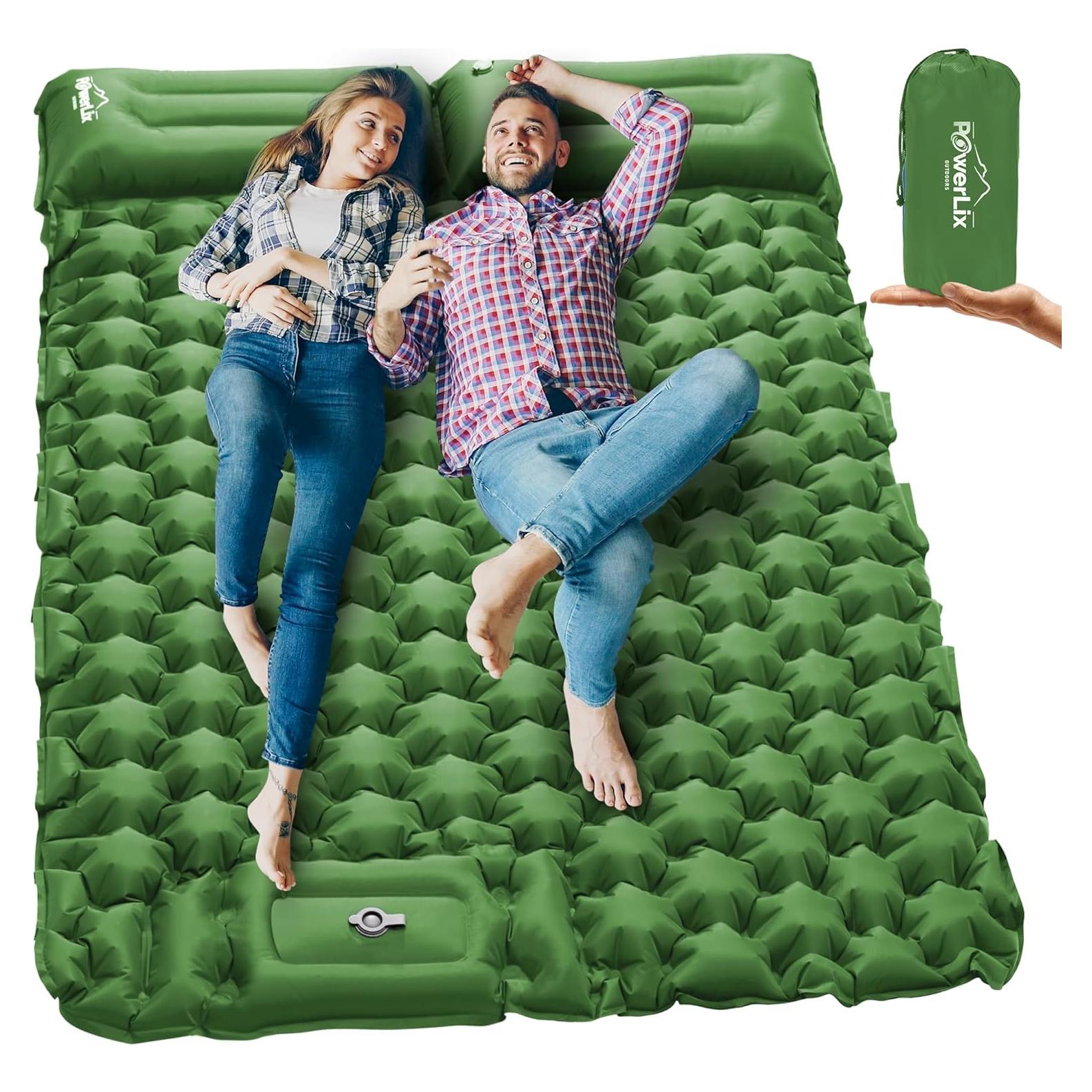 Colchón Inflable Doble POWERLIX con Almohada Verde 9 cm