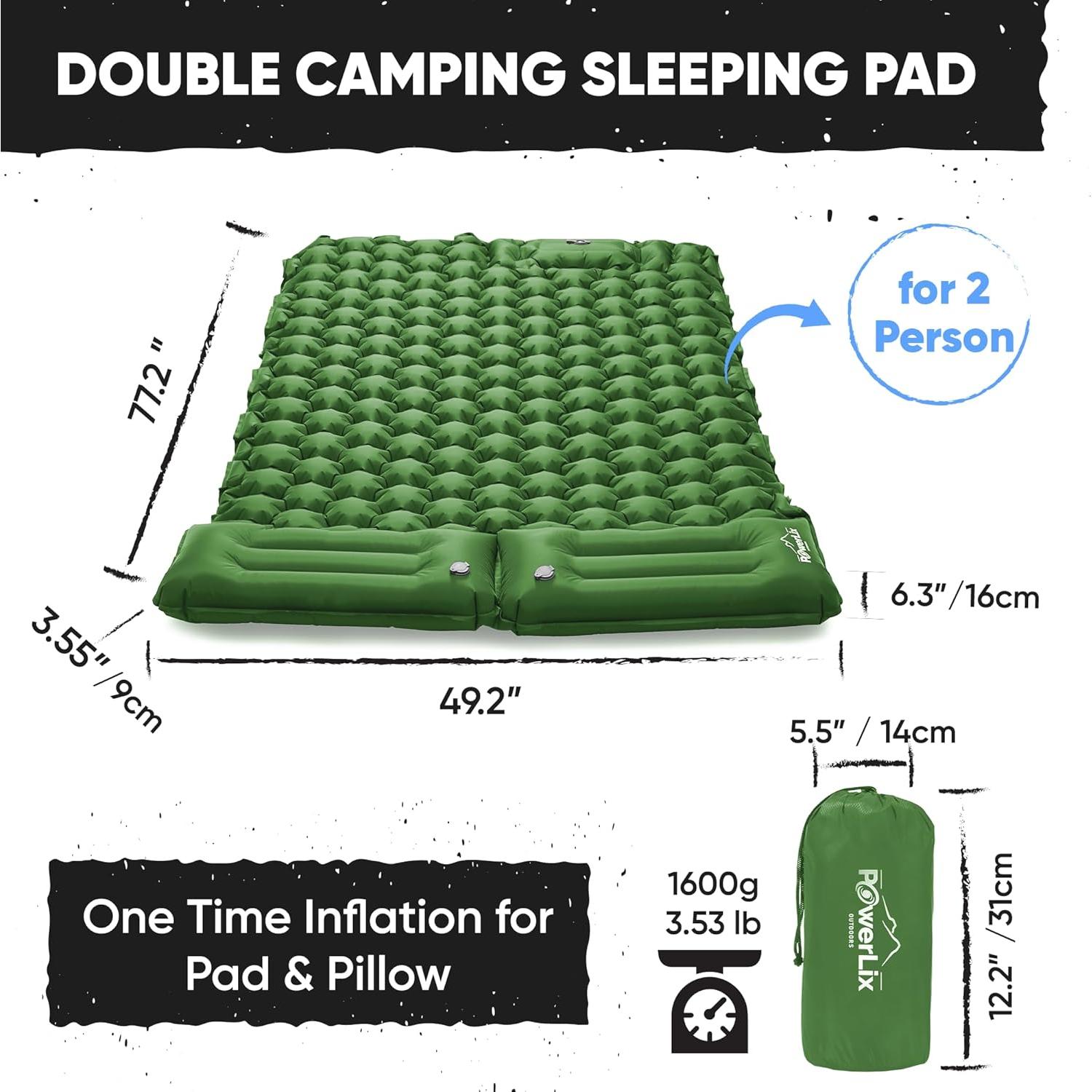 Colchón Inflable Doble POWERLIX con Almohada Verde 9 cm