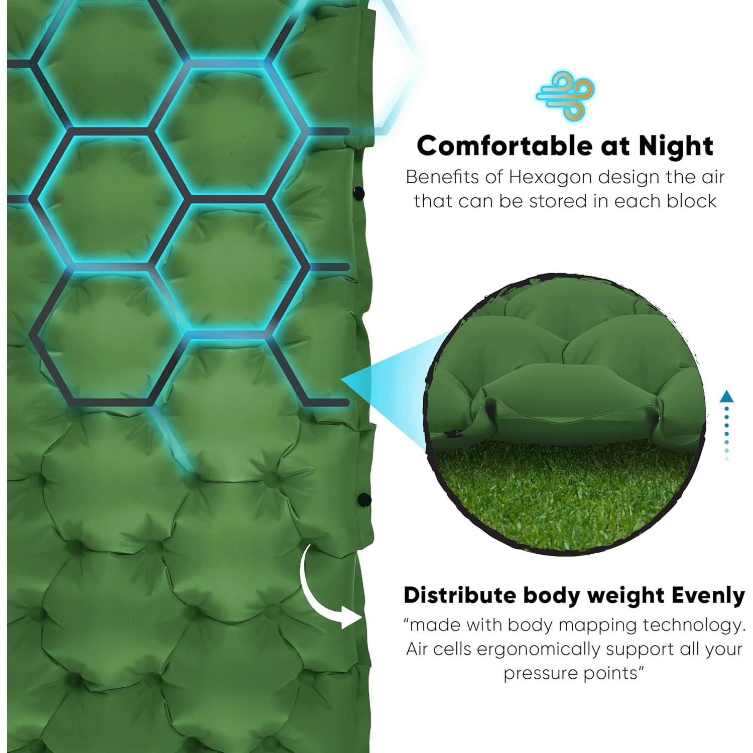 Colchón Inflable Doble POWERLIX con Almohada Verde 9 cm