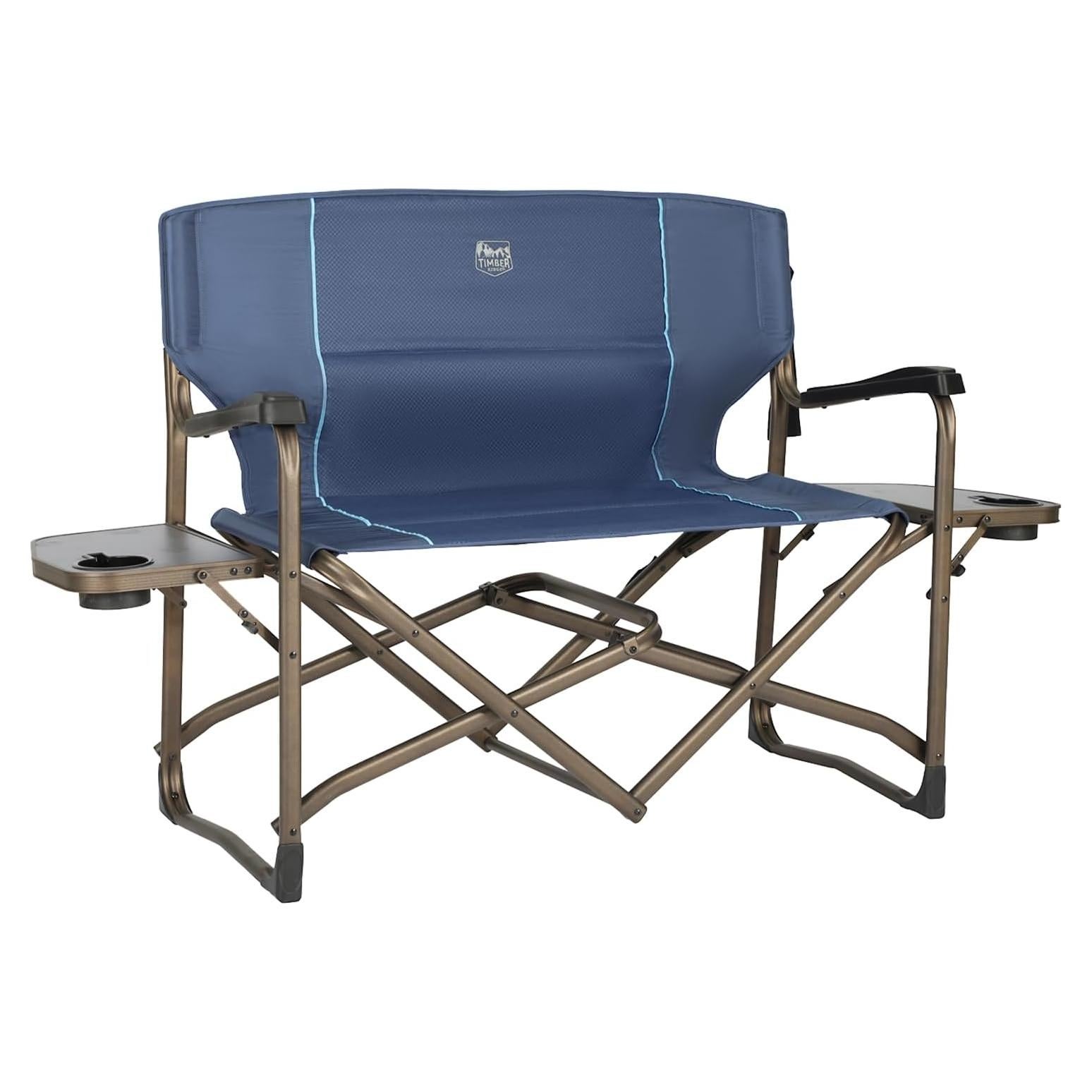 TIMBER RIDGE Double Camping Chair Foldable Loveseat Directors Chairs, Oversized Double Folding Camping Chairs with 2 Side Tables, 2 Person Lawn Chair, Heavy Duty Support 600 LBS for Outdoor, Blue