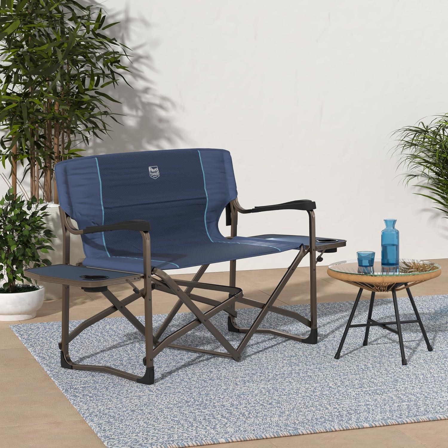 TIMBER RIDGE Double Camping Chair Foldable Loveseat Directors Chairs, Oversized Double Folding Camping Chairs with 2 Side Tables, 2 Person Lawn Chair, Heavy Duty Support 600 LBS for Outdoor, Blue