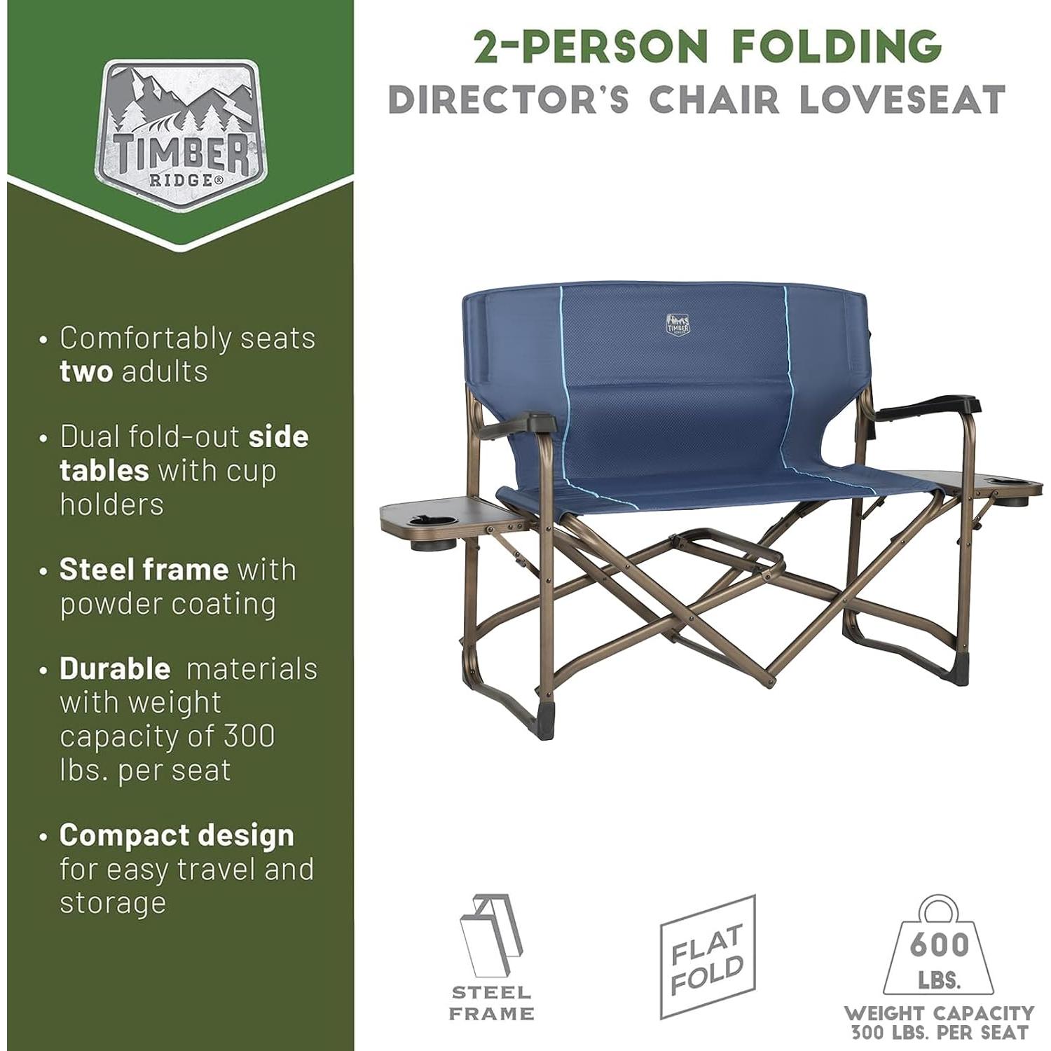 TIMBER RIDGE Double Camping Chair Foldable Loveseat Directors Chairs, Oversized Double Folding Camping Chairs with 2 Side Tables, 2 Person Lawn Chair, Heavy Duty Support 600 LBS for Outdoor, Blue