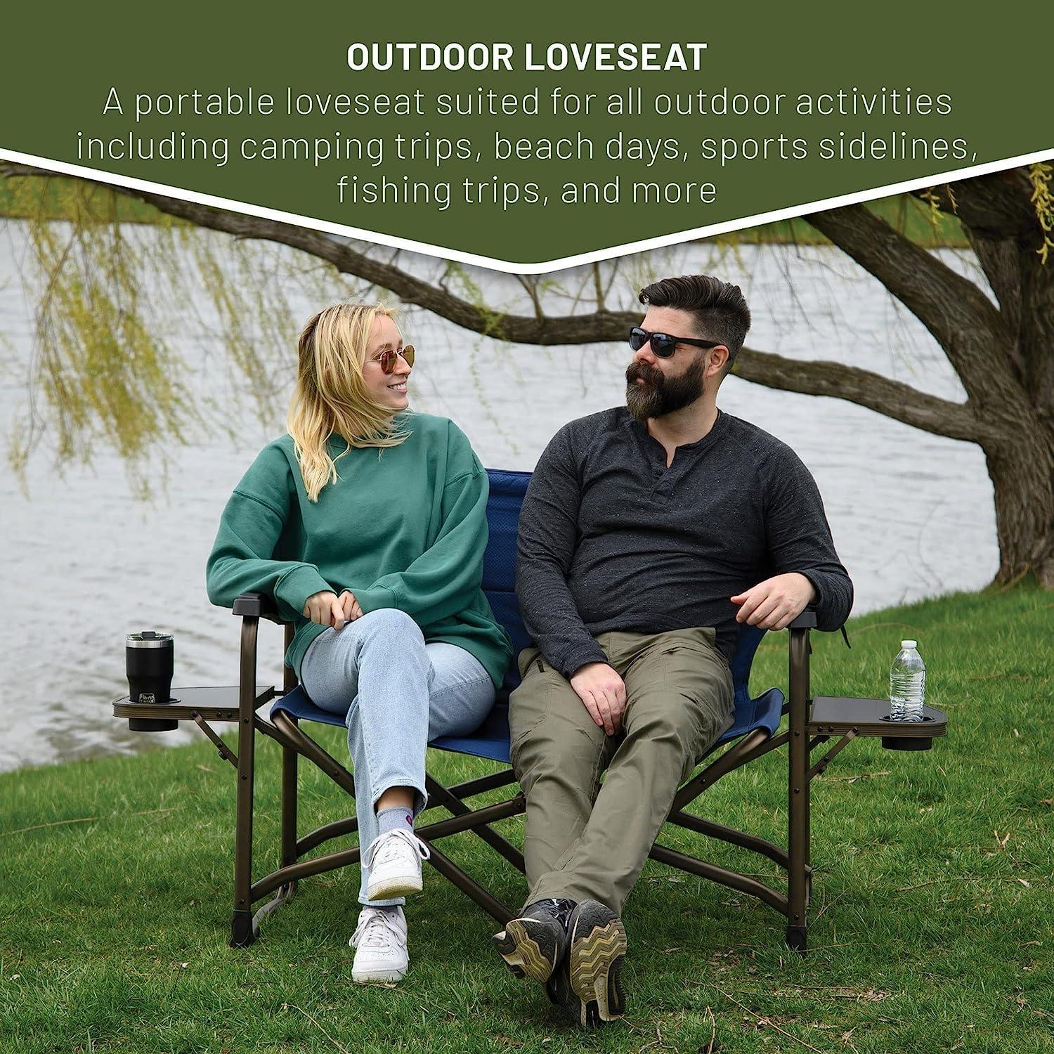 TIMBER RIDGE Double Camping Chair Foldable Loveseat Directors Chairs, Oversized Double Folding Camping Chairs with 2 Side Tables, 2 Person Lawn Chair, Heavy Duty Support 600 LBS for Outdoor, Blue
