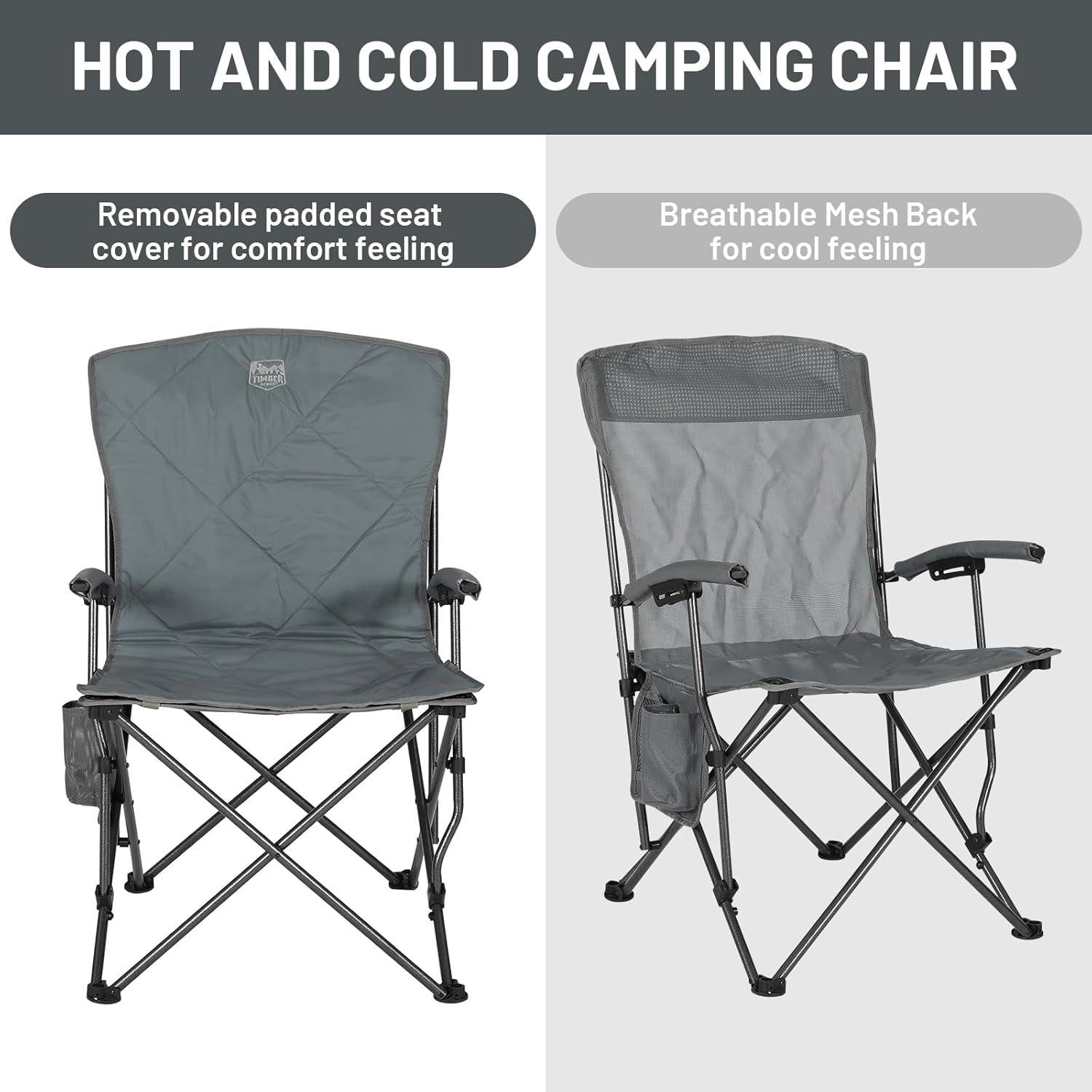 TIMBER RIDGE Folding Camping Chair, Removable Seat Padded Lawn Chairs Foldable Outdoor Camp Chair for Adults, Supports Up to 300 LBS, Grey