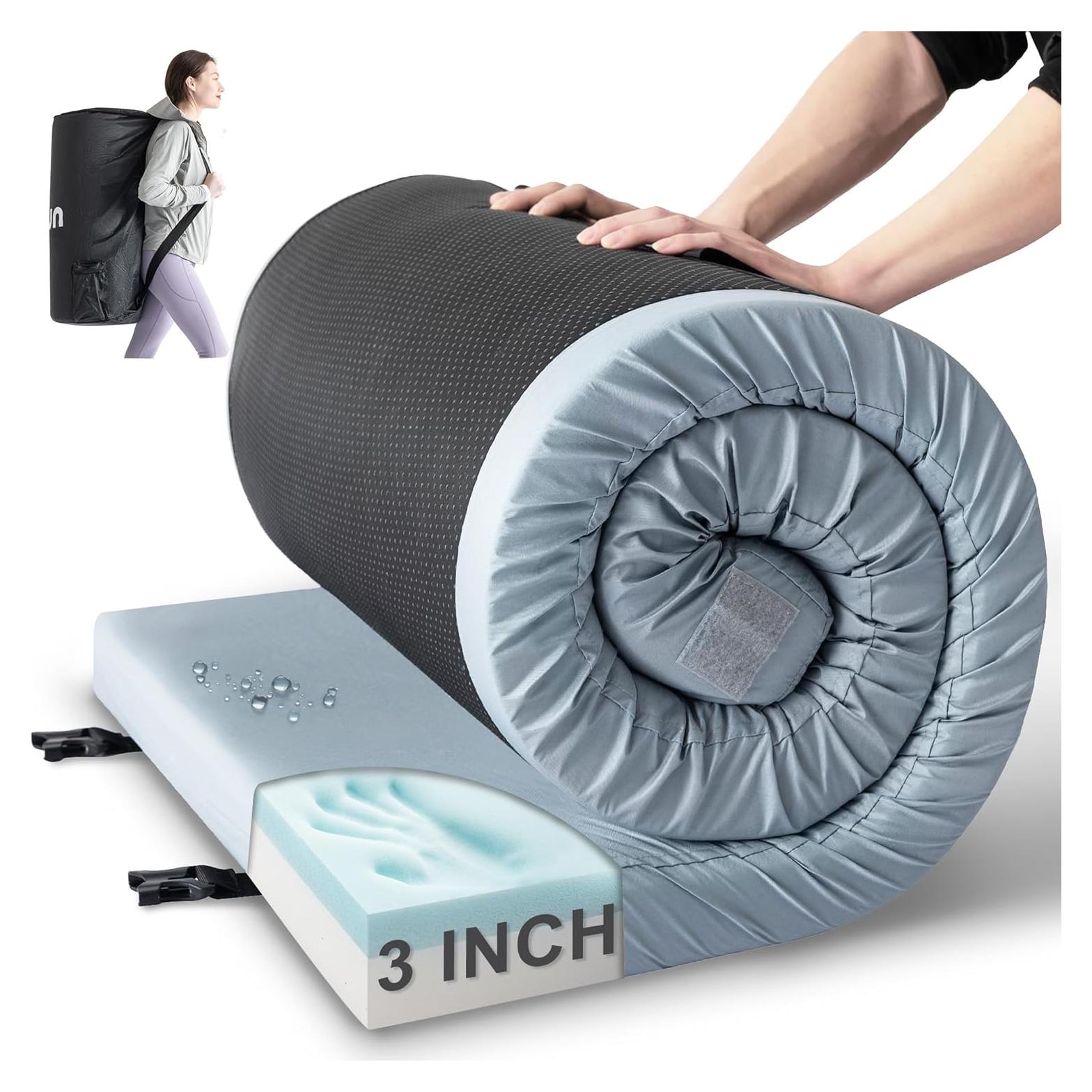 Kingfun Memory Foam Camping Sleeping Pad, CertiPUR-US Camping Mattress Waterproof Roll Up Mattress Guest Bed, Thick Floor Sleeping Mat for Car Truck Tent for Adults with Travel Bag