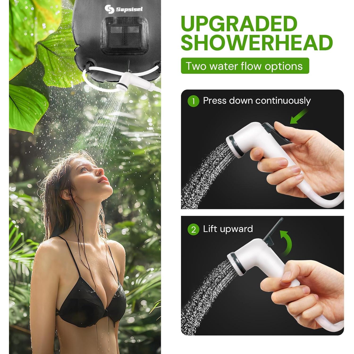 Bolsa de Ducha Solar Sapsisel 20L con Manguera y Cabezal Mejorado